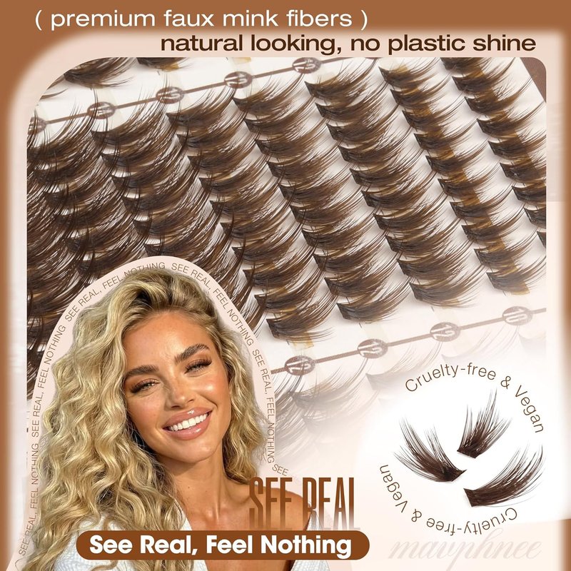 Brown Lash Clusters - Wispy Fluffy Individual Eyelash Extensions | Dark Brown Featherlight Lashes, CC Curl, 270PCS (10-12-14-16MM)