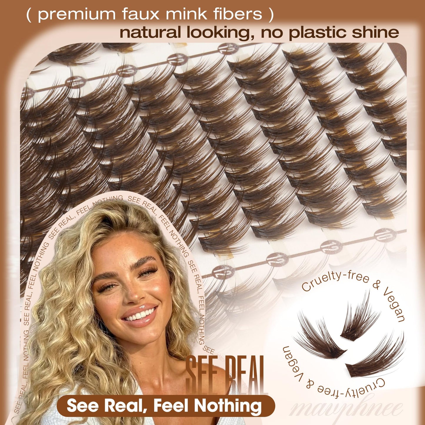 Mavphnee Brown Lash Clusters – Wispy Fluffy Individual Eyelash Extensions Dark Brown Featherlight Lashes with Seamless Flexible Band & CC Curl, 10-12-14-16MM 270PCS Value Pack