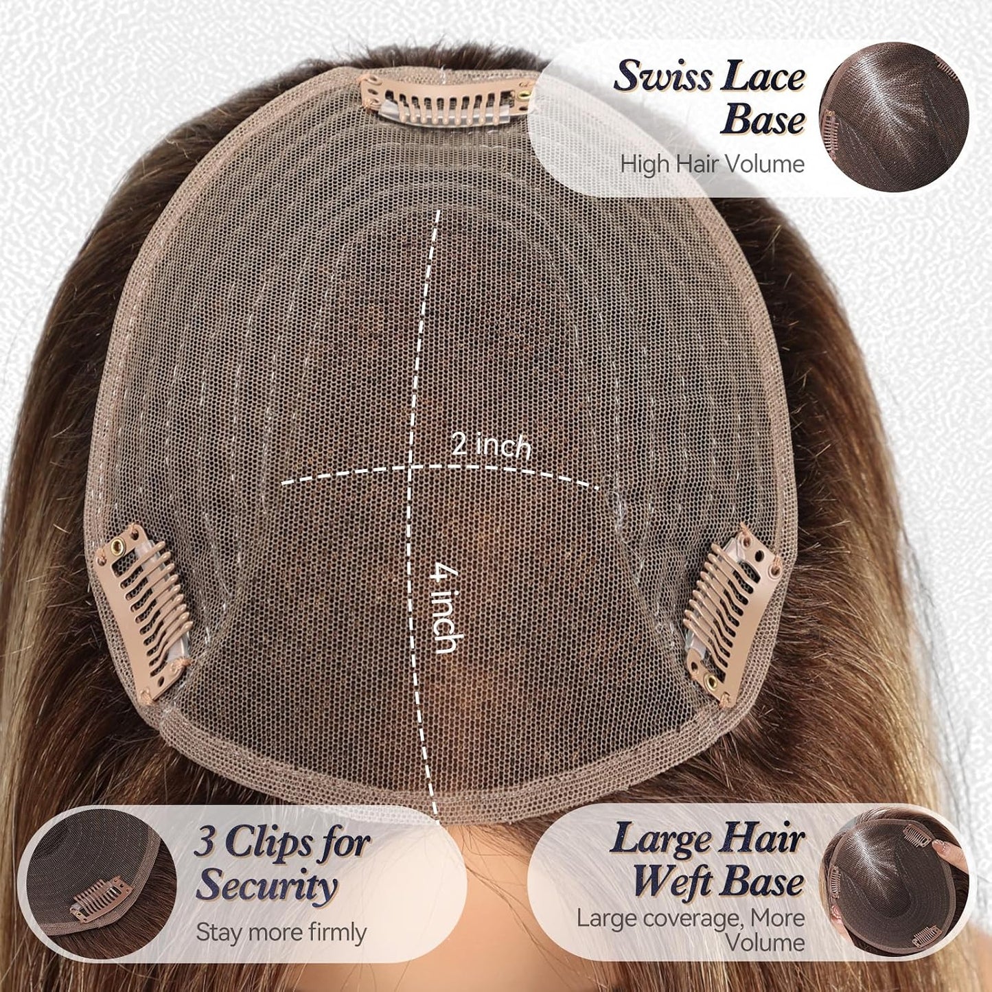 Real Human Hair Toppers for Women - 14 Inch Silk Base, Mixed Brown with Bangs | 60g