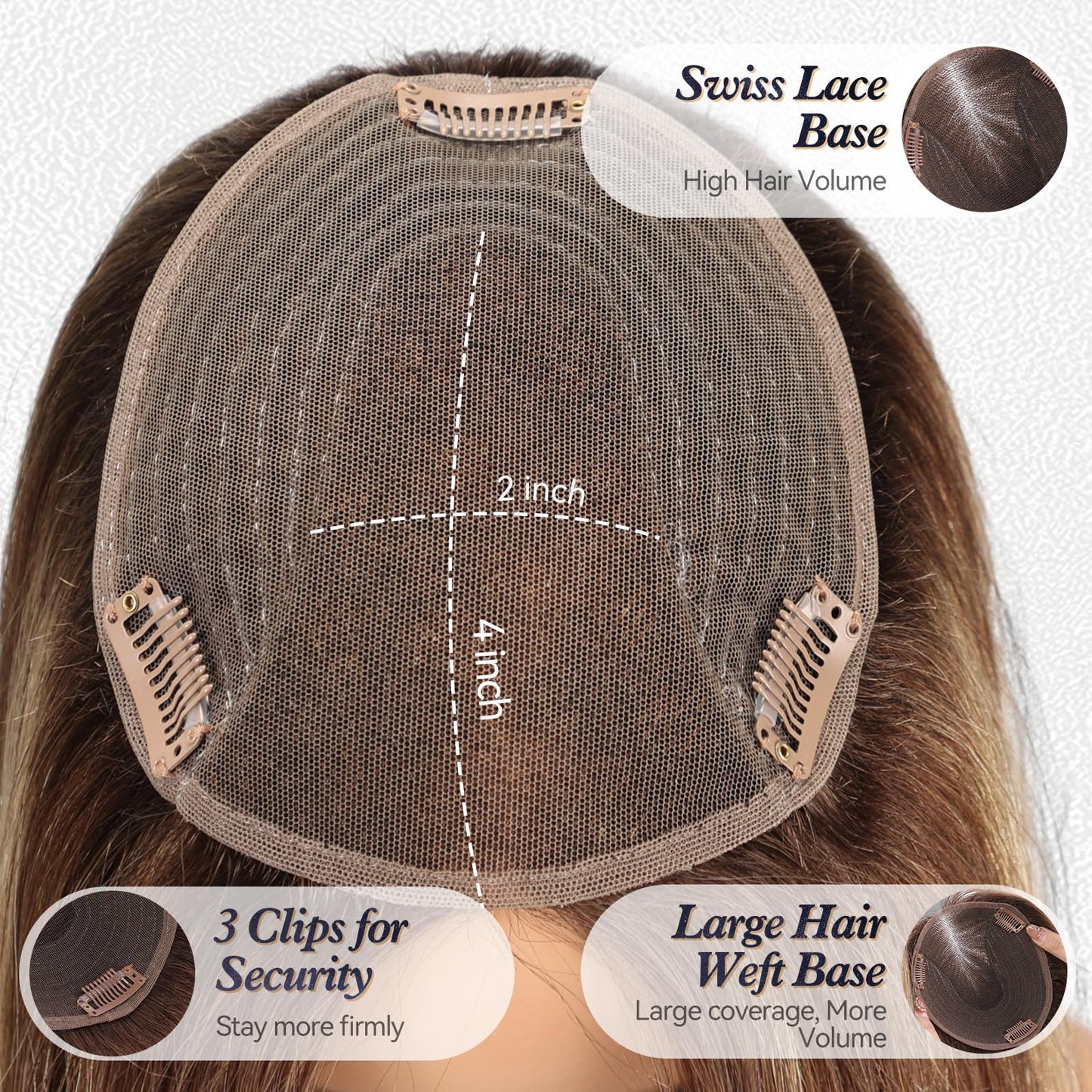 starluck 6x5 inch Large Swiss Base SilkHug 14 Inch Real Human Hair Toppers,60 Gram, 100% Real Human Hair Toppers for Women with thinning (Mixed Brown, with Bangs) T4/4/BC#