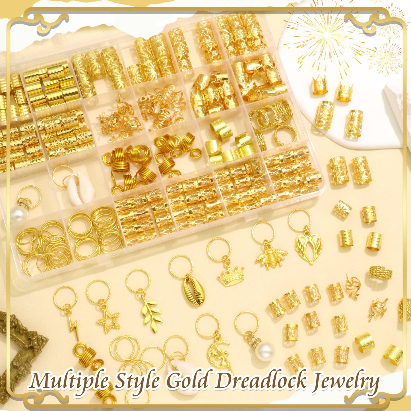 VENOFEN 274PCS Gold Hair Jewelry Shell Braids Clips Multi-Styles Loc Dreadlock Pearl Hair Charms Pendants Decor Braids Clips Accessories for Women Girls