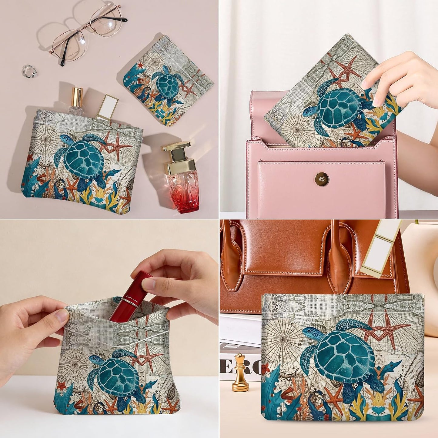 Makeup Bag Set - 2 PCS PU Leather Cosmetic Organizer | Portable Self-Closing Pouch for Women - Sea Turtle Design