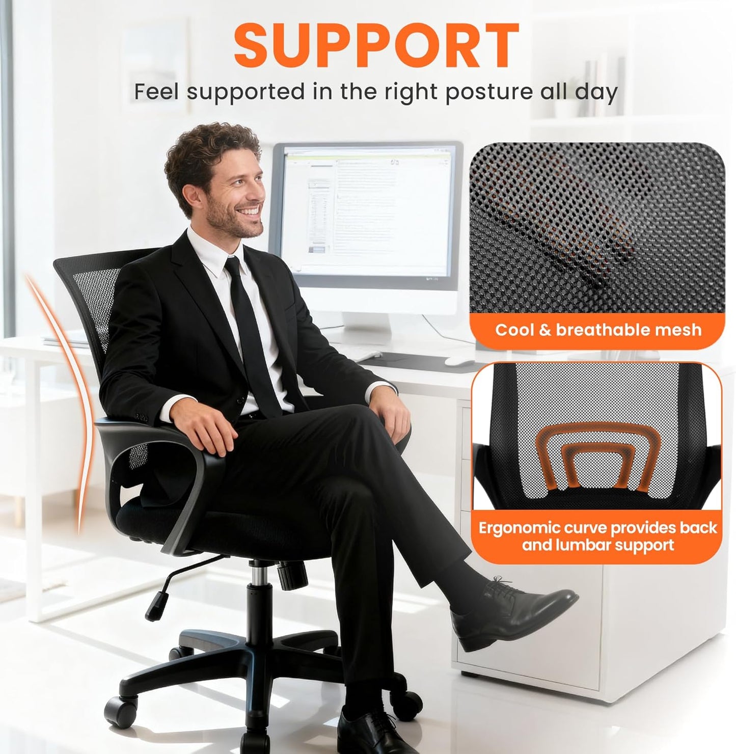 Ergonomic Office Desk Chair - Mesh Gaming Cushion Seat with Adjustable Height & Lumbar Support | Black