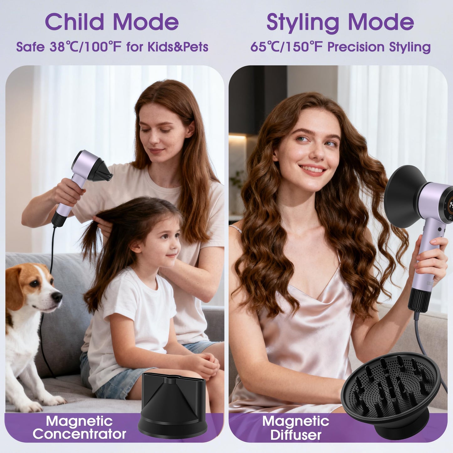 Ionic Hair Dryer with Auto-Adjusting Sensor,AI Hair Dryer with Magnetic Diffuser,160000 RPM High-Speed Hair Blow Dryer (Purple)