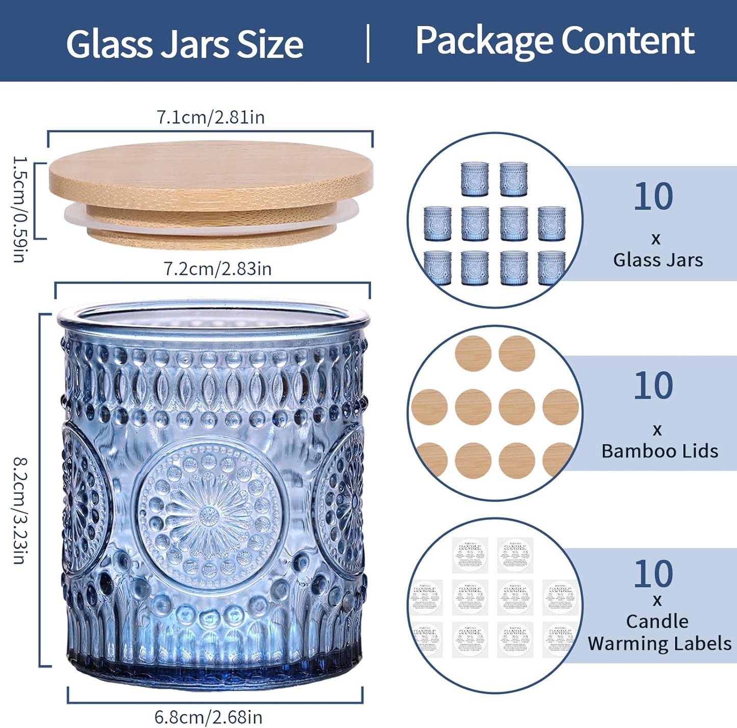 Blue Candle Jars - 10 Pack 7.5 OZ Empty Glass Candle Making Jars with Bamboo Lids & Labels | DIY Candle Supplies