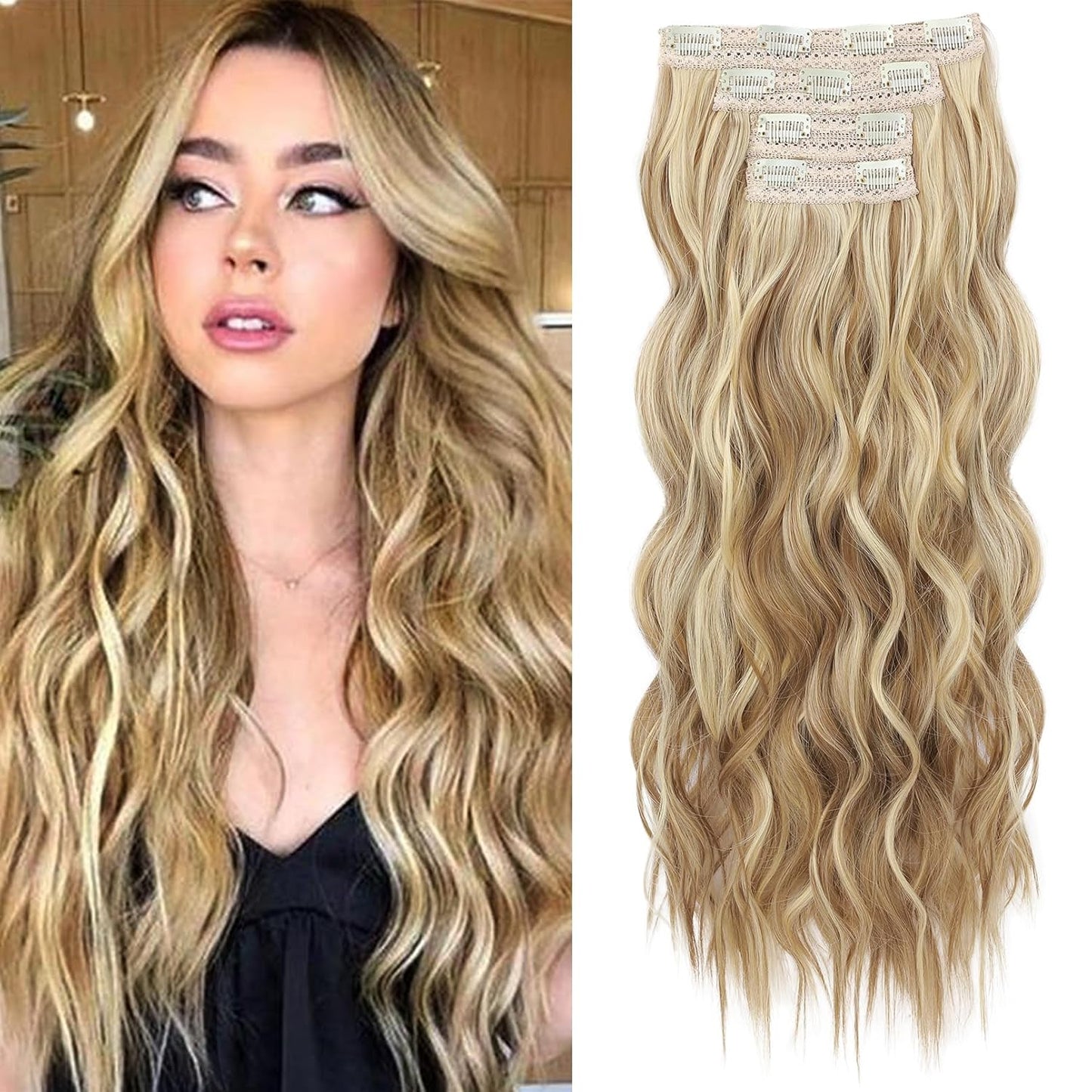 REECHO Clip-In Hair Extensions - 24" Thick Blonde Beach Waves | Invisible Lace Weft, Natural Soft Hairpieces for Women