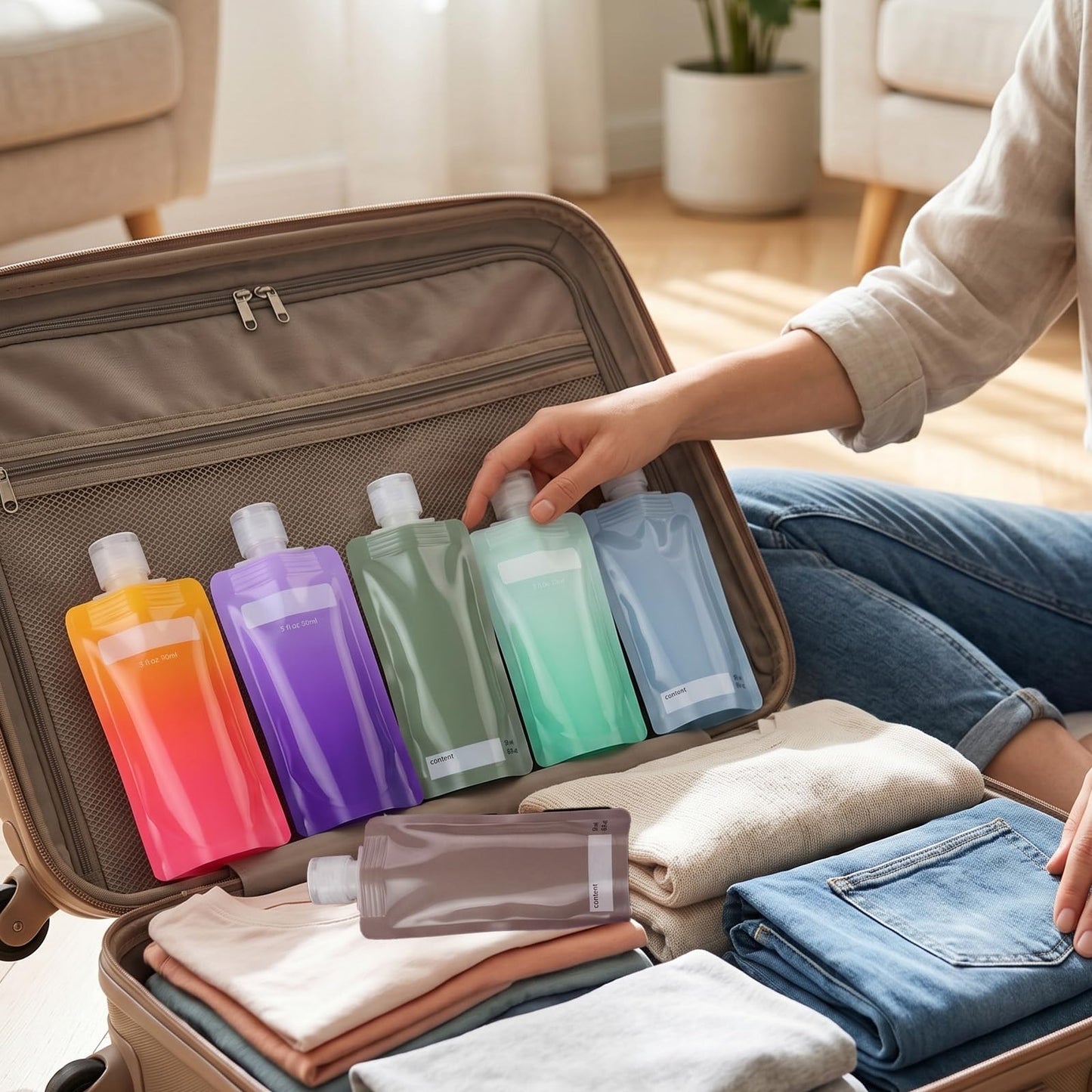 Quilax 6PCS Reusable Squeeze Pouches for Liquids, Travel Pouches for Toiletries, Travel Size Toiletries Cosmetic Containers for Shampoo