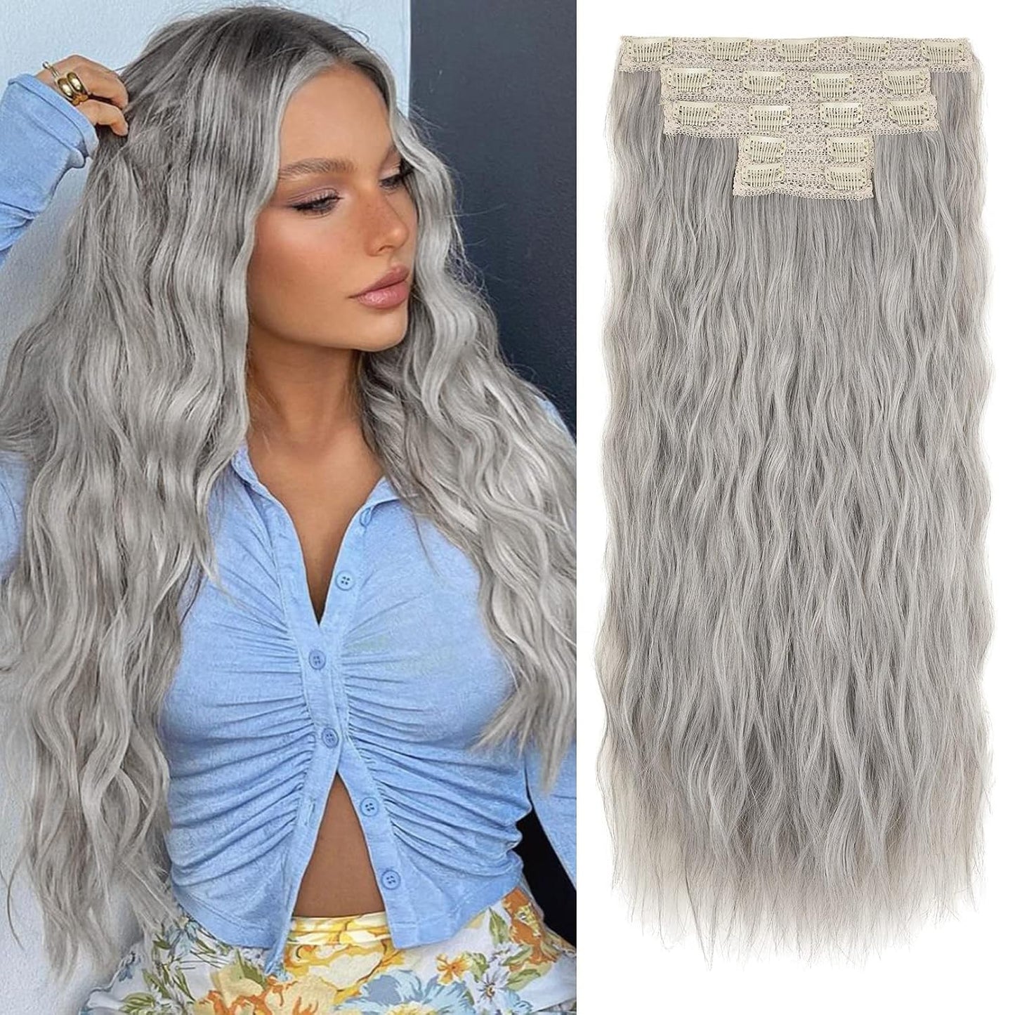 Blonde Clip-In Hair Extensions - 24" Thick Loose Waves | Natural Soft Hairpieces for Women - Platinum Blonde