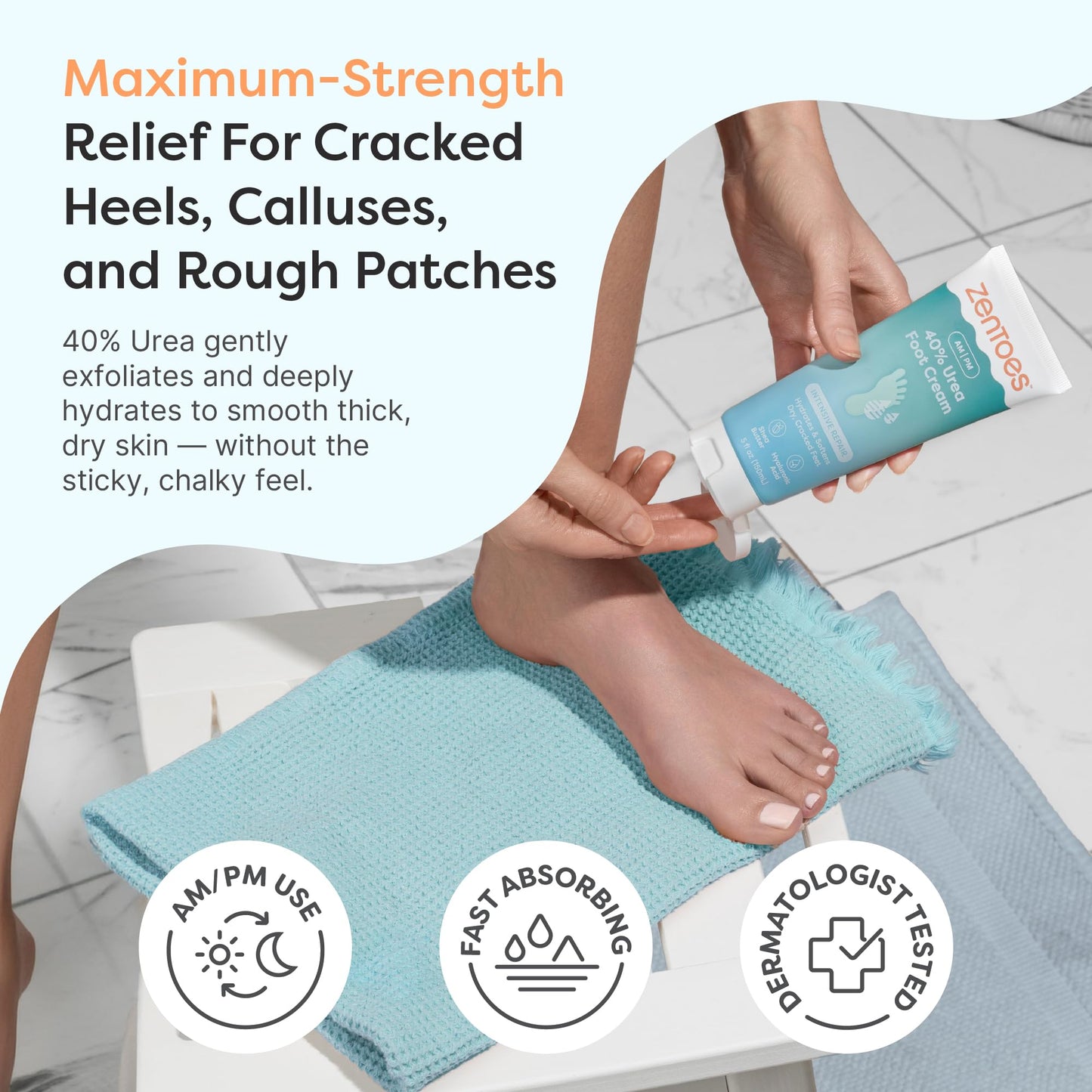 ZenToes Urea Foot Cream 40% | Softens Dry Cracked Heels, Calluses & Rough Skin | Gentle Exfoliating Cream with Lavender | 5oz
