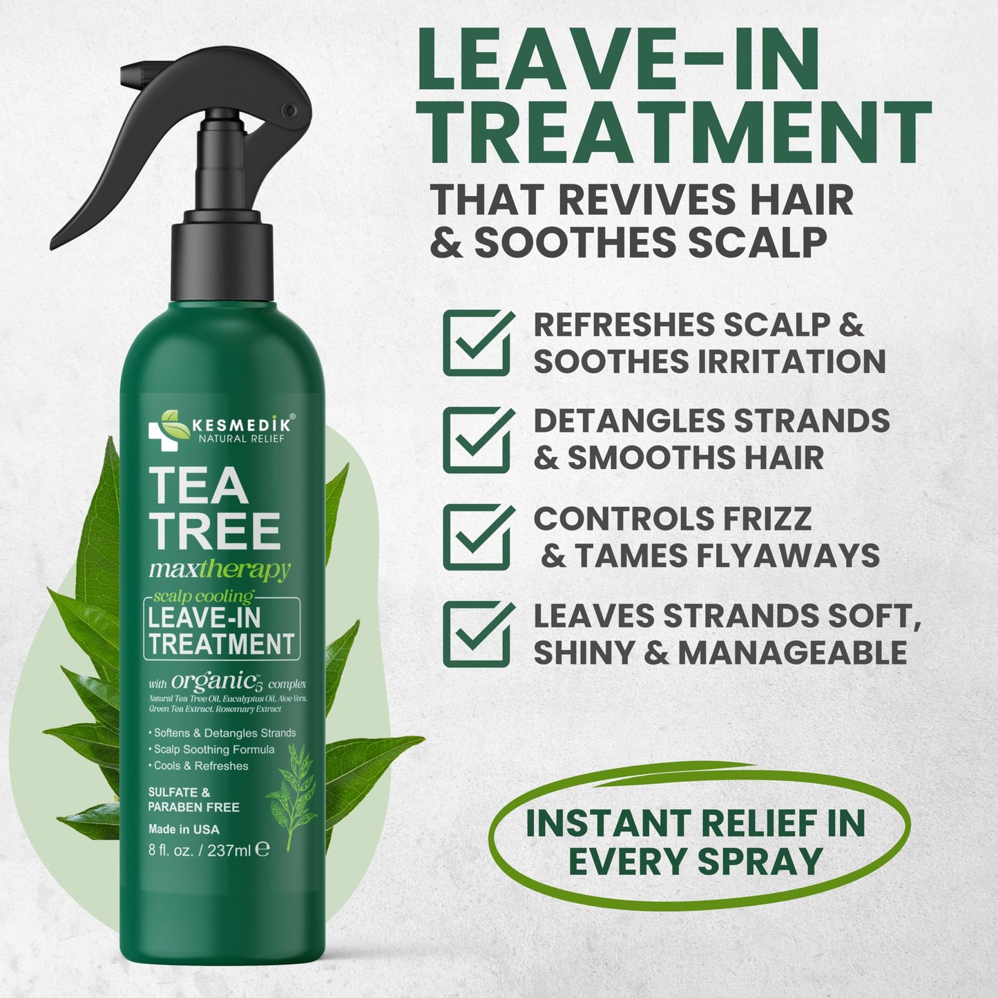 KESMEDIK Tea Tree Oil Leave-In Conditioner Treatment & Detangler Spray for Flaky Itchy Scalp Care, Anti Thinning Formula with Biotin for Soft, Healthy-Looking Hair, Sulfate-Free, Men & Women