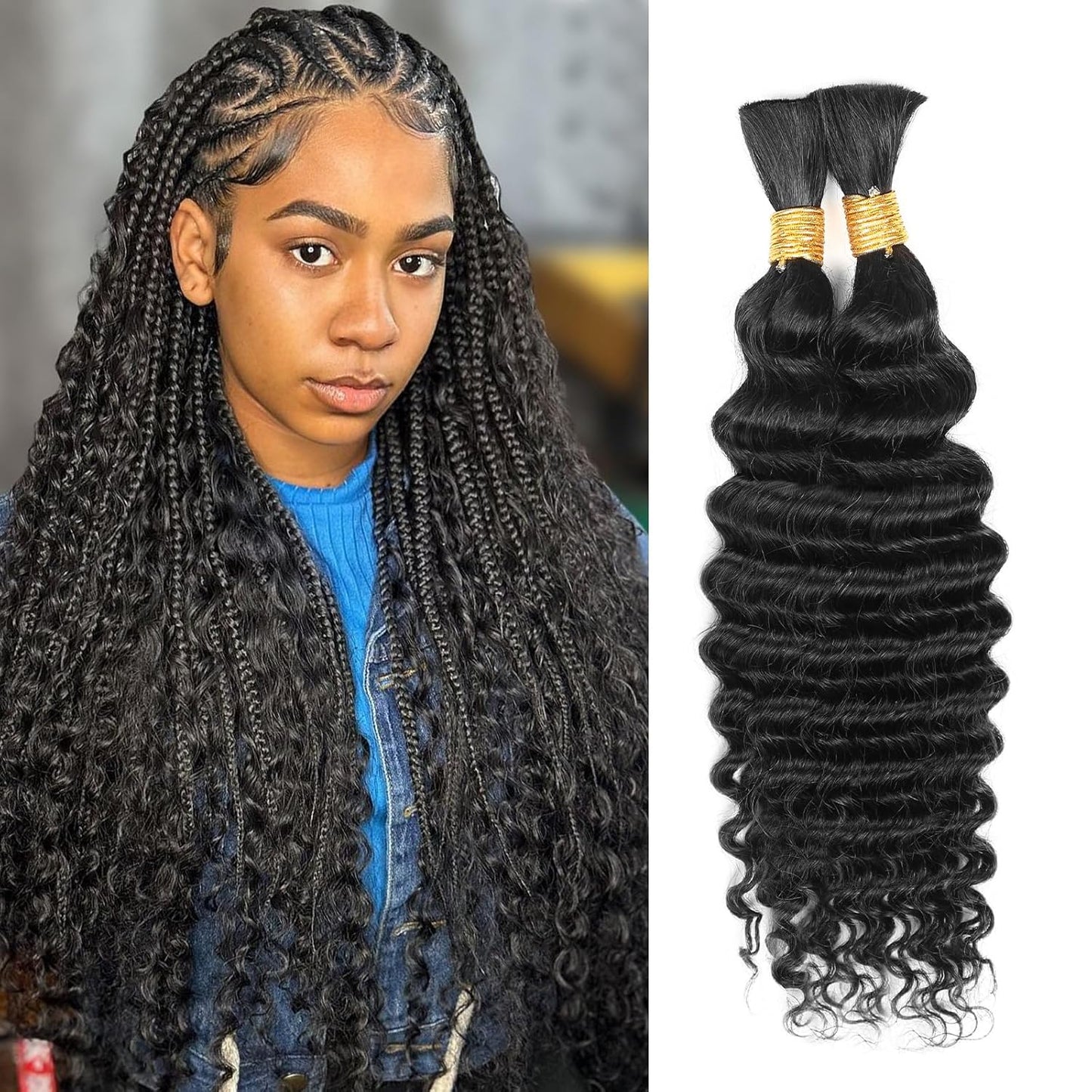 Human Braiding Hair - 14 Inch Ombre Highlight Deep Wave Bulk Extensions | Curly Bundles for Knotless Braids (4/27)