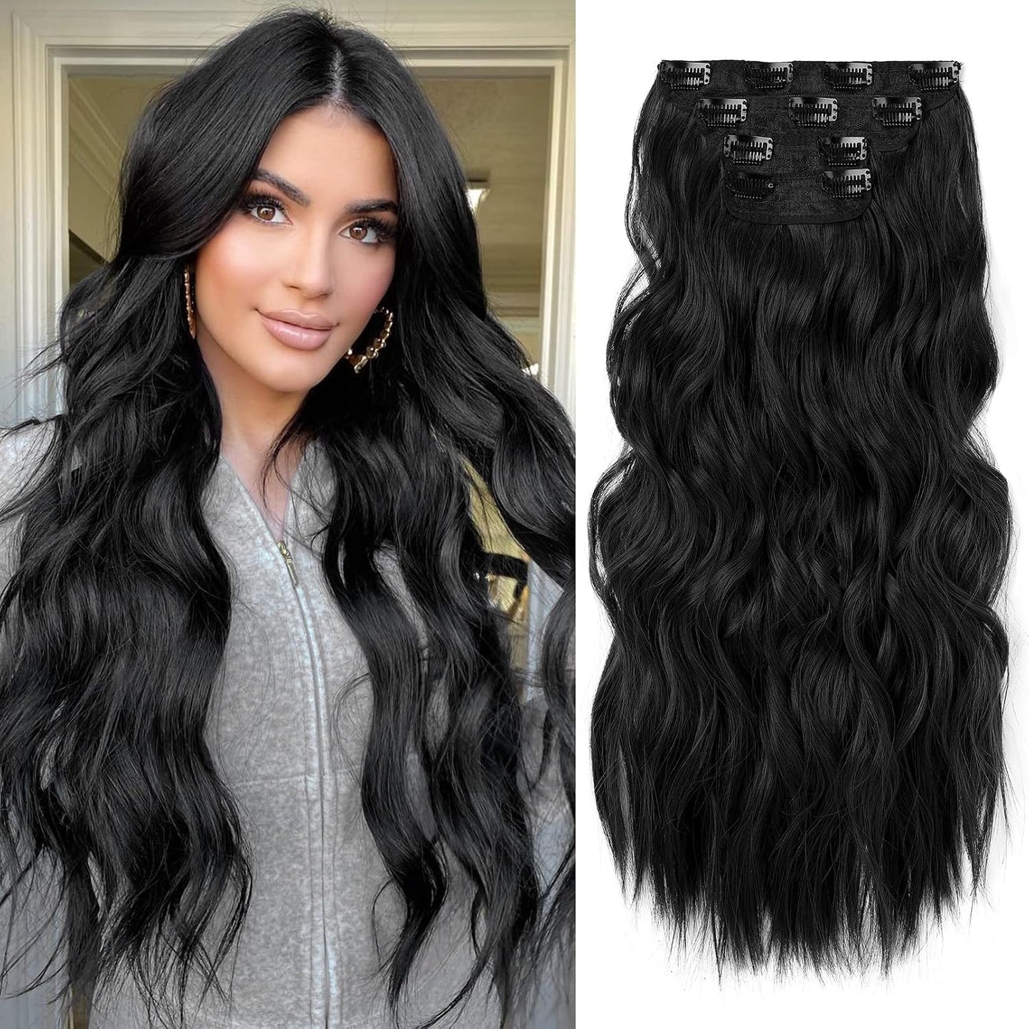 Clip-In Hair Extensions - 4PCS Natural Soft Synthetic Hairpieces for Women | Chocolate Brown