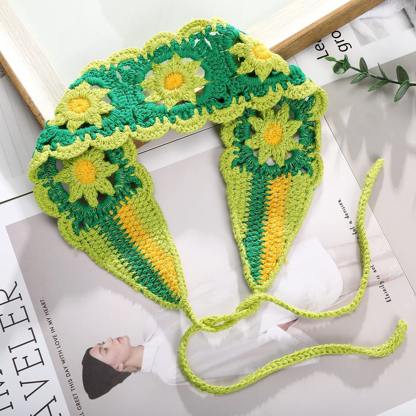 CHLINS Daisy Floral Elastic Handmade Crochet Headbands - 3PCS Bohemian Knit Head Wraps for Women and Girls (Colorful: Purple, Green, Orange)