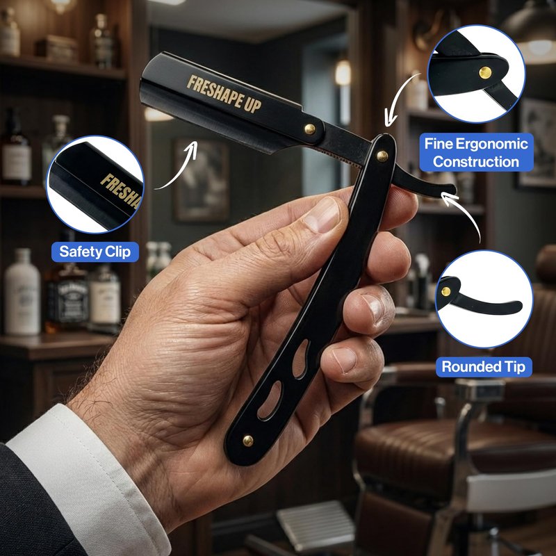 Freshape Up Professional Single Blade Razor for Men – Barber Straight Razor Safety Kit with 100 Single Edge Straight Razor Blades (4.4 cm) & 10 Hairline Wipes for Precise Shaving (Black & Gold)