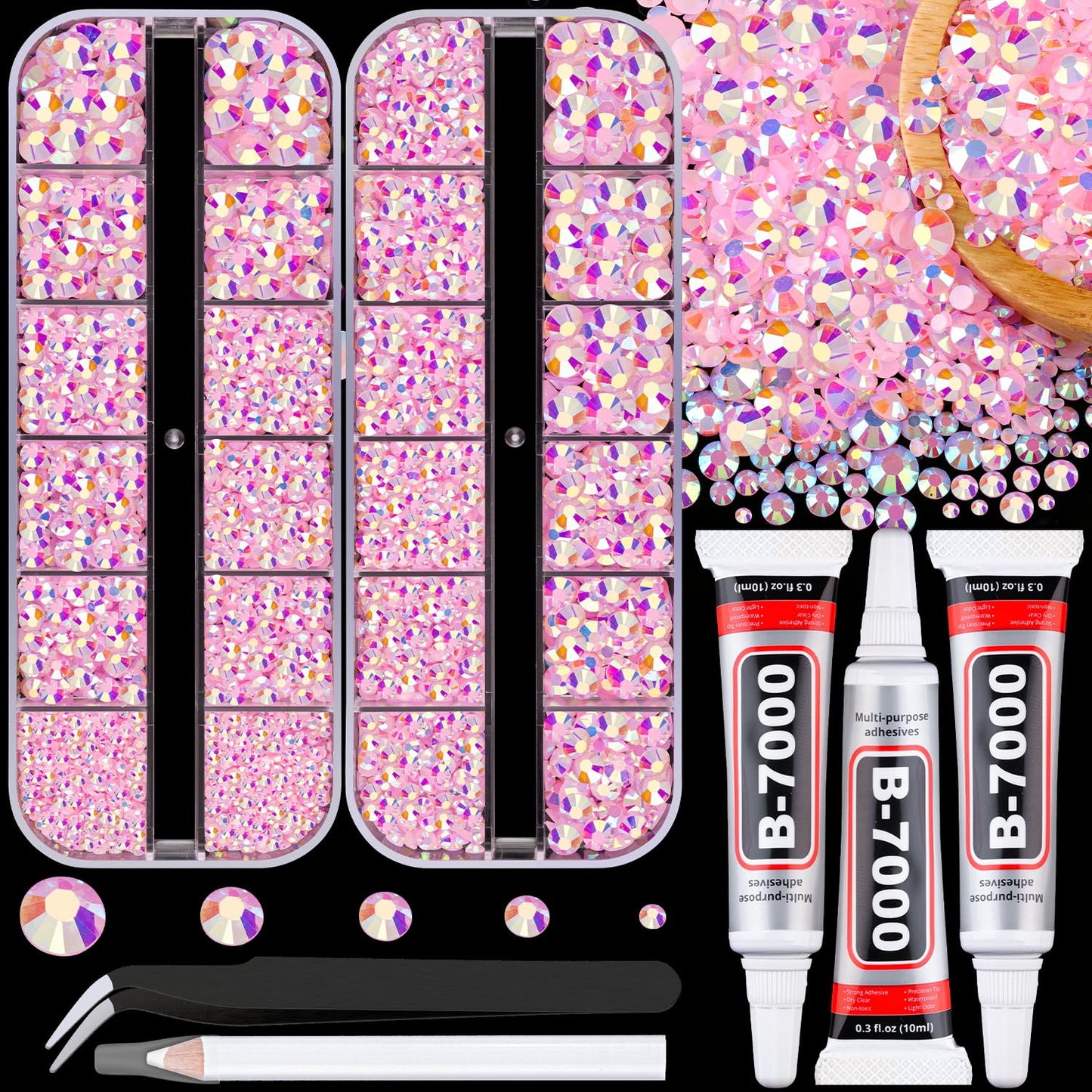 32000 Pcs Black Rhinestones - Flatback Resin Gems for Bedazzling | Jewelry Glue & Tweezers Included
