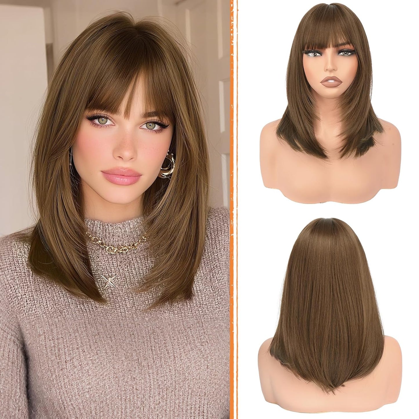 Blonde Bob Wigs with Bangs - Shoulder Length Straight Synthetic Hair | 16 Inch Platinum Blonde