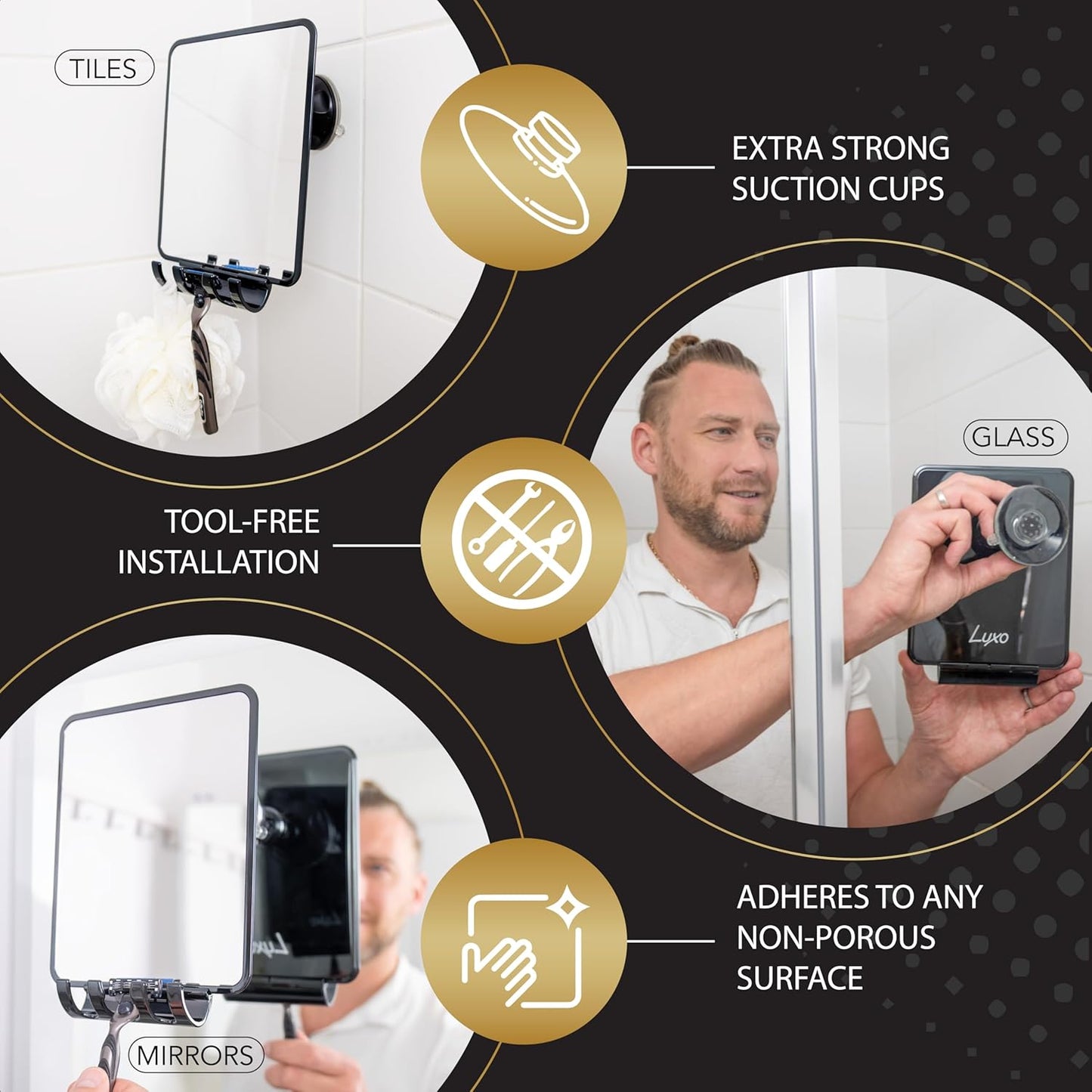 Fogless Shower Mirror for Shaving - Shatterproof Design with Removable Razor Holder | Powerful Suction Cup (Black)