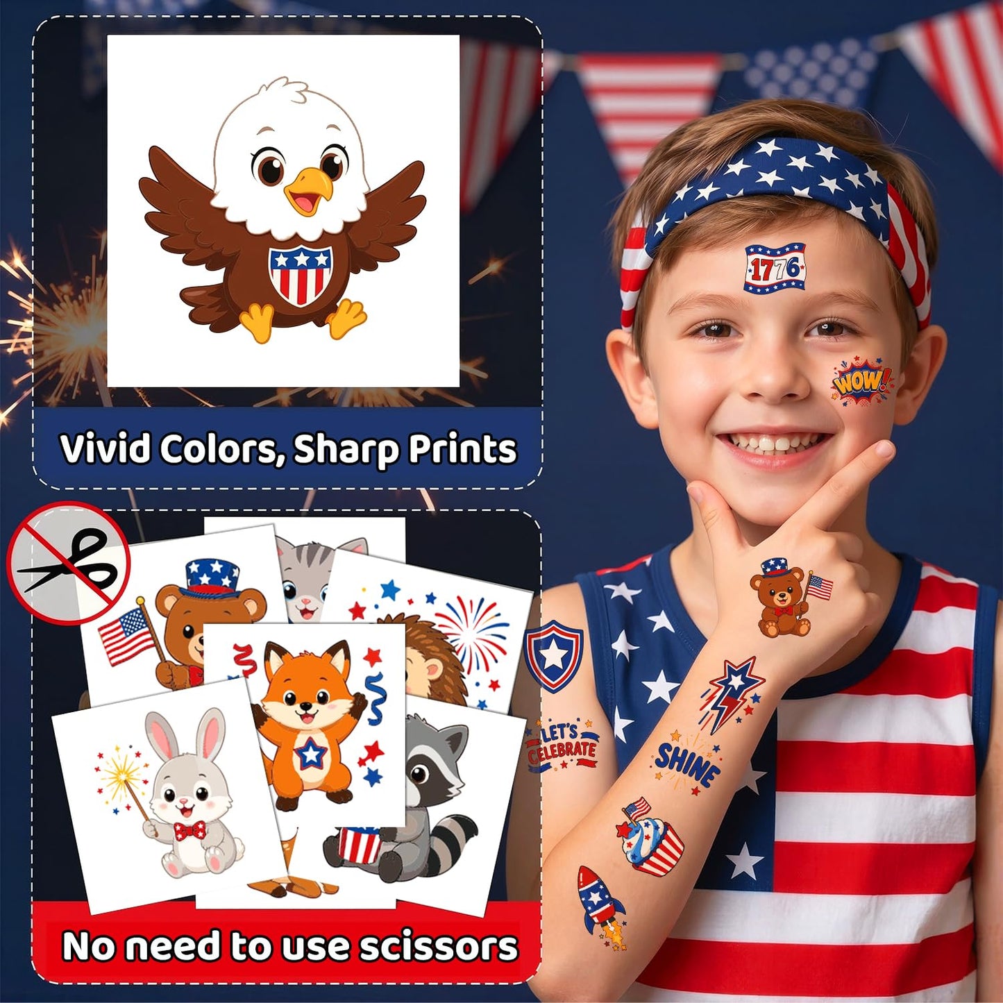 4th of July Temporary Tattoos - Cute Independence Day Stickers for Kids & Adults | Red, White & Blue Party Favors