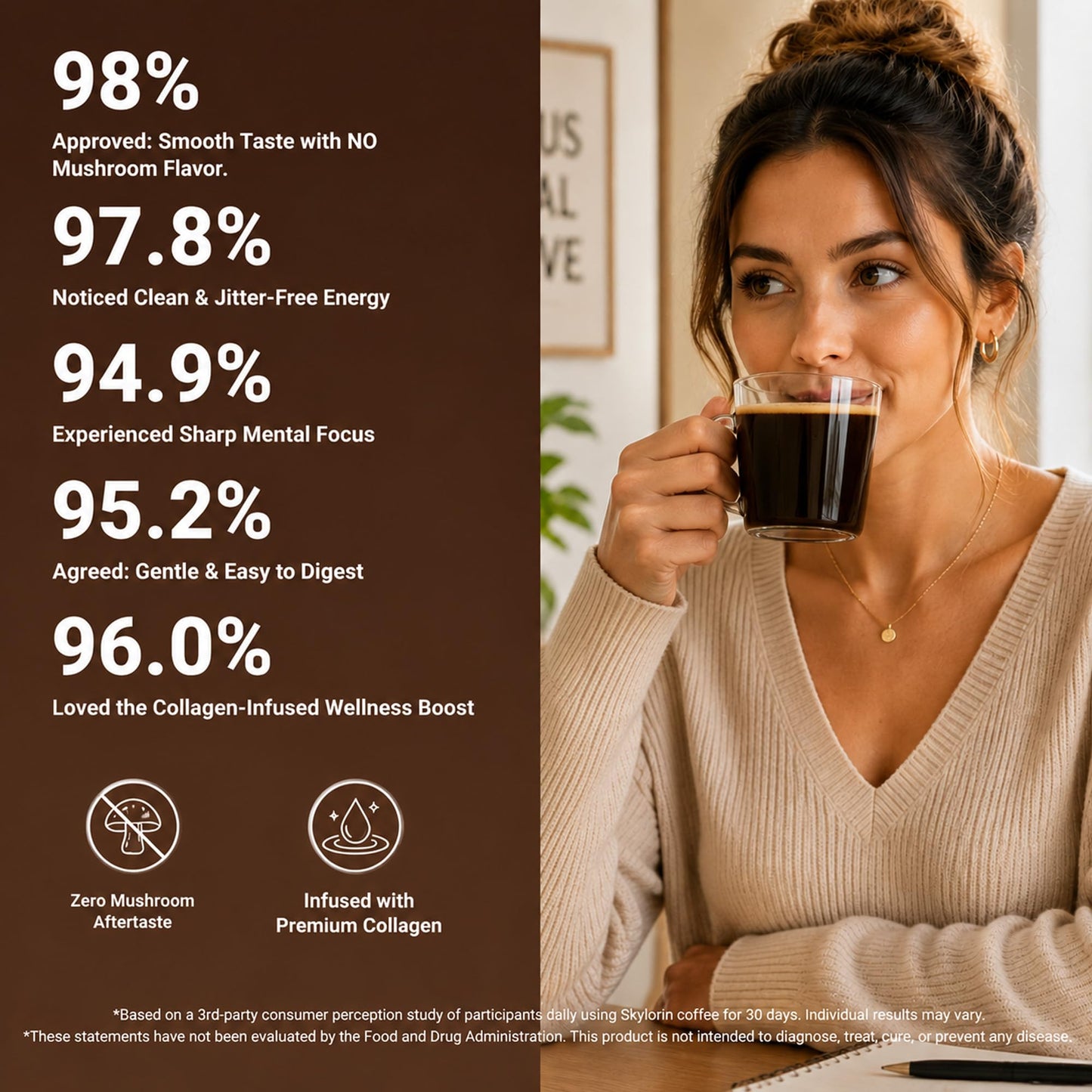 Skylorin 30 Sticks Mushroom Coffee - 7 Adaptogenic Mushrooms & 3000mg Collagen, Ashwagandha & L-Theanine - Smooth Low-Acid Instant Coffee Packets for Focus, Energy, Digestion, Skin & Immune Support