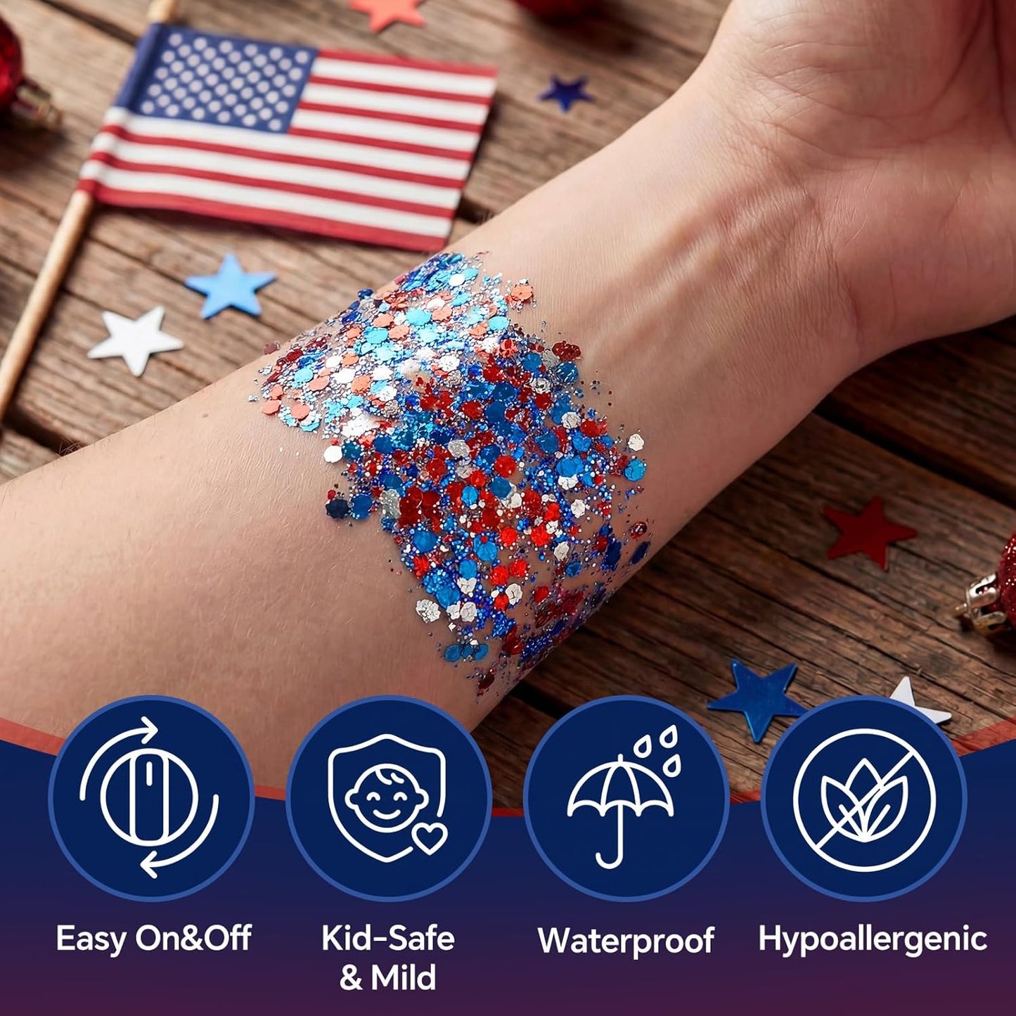 Patriotic Face & Body Glitter Stick - Holographic Red, White & Blue Chunky Makeup for 4th of July | Independence Day Celebration