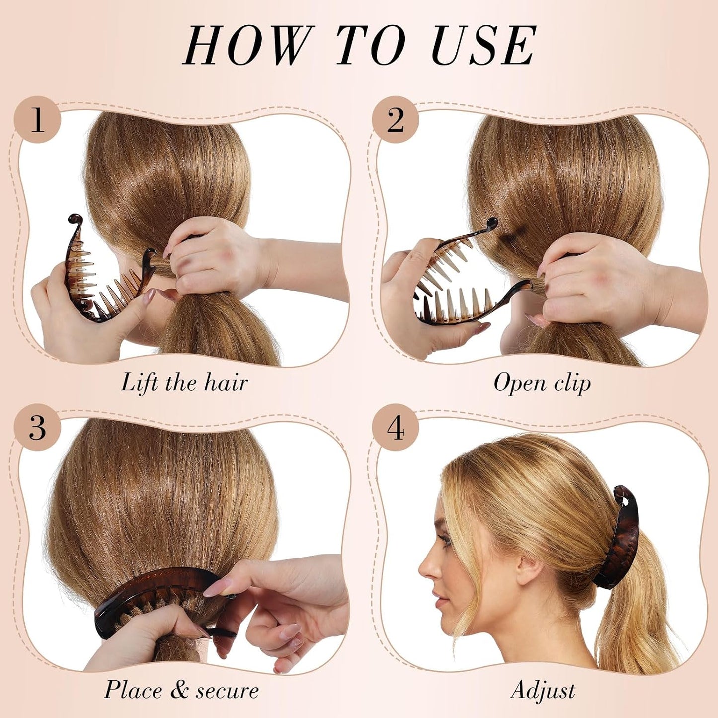 4 Pack Banana Hair Clips for Women - 4 Inch Durable Claw Clips | Retro 80s Style, Perfect for Thick Ponytails (Black, White, Brown)