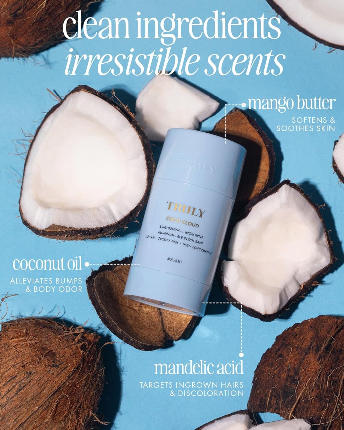 Coco Cloud Deodorant - Aluminum-Free, Gentle Formula for Body Odor & Ingrown Hairs | Coconut & Vanilla Scent | 3 Oz