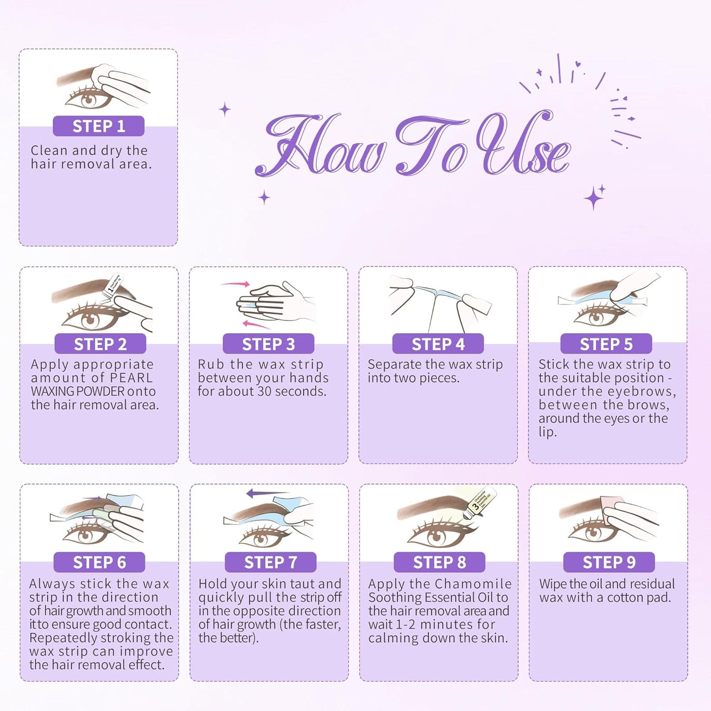 Sensitive Eyebrow Wax Strips - 24 High Arched Waxing Strips with Pearl Powder for Delicate Skin