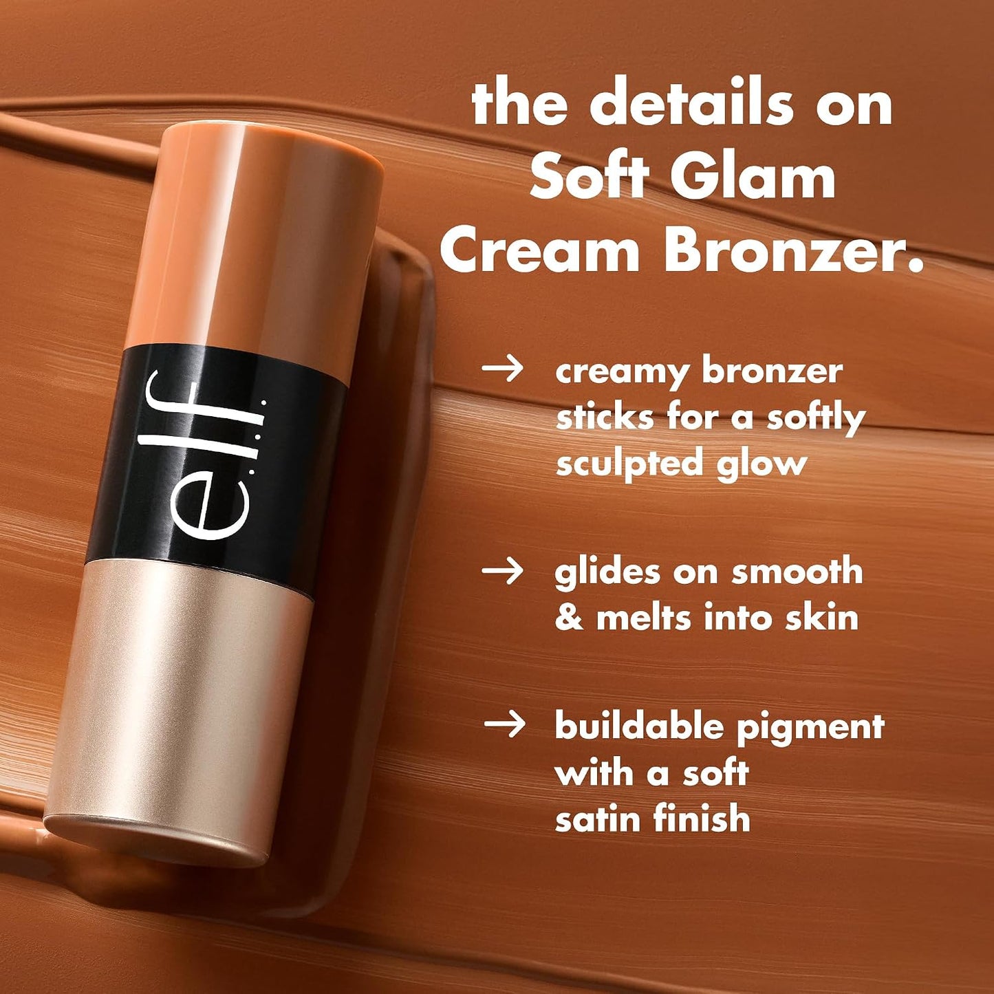 e.l.f. Soft Glam Cream Bronzer Stick - Buildable Satin Finish for Sculpted Glow | Deep Shade