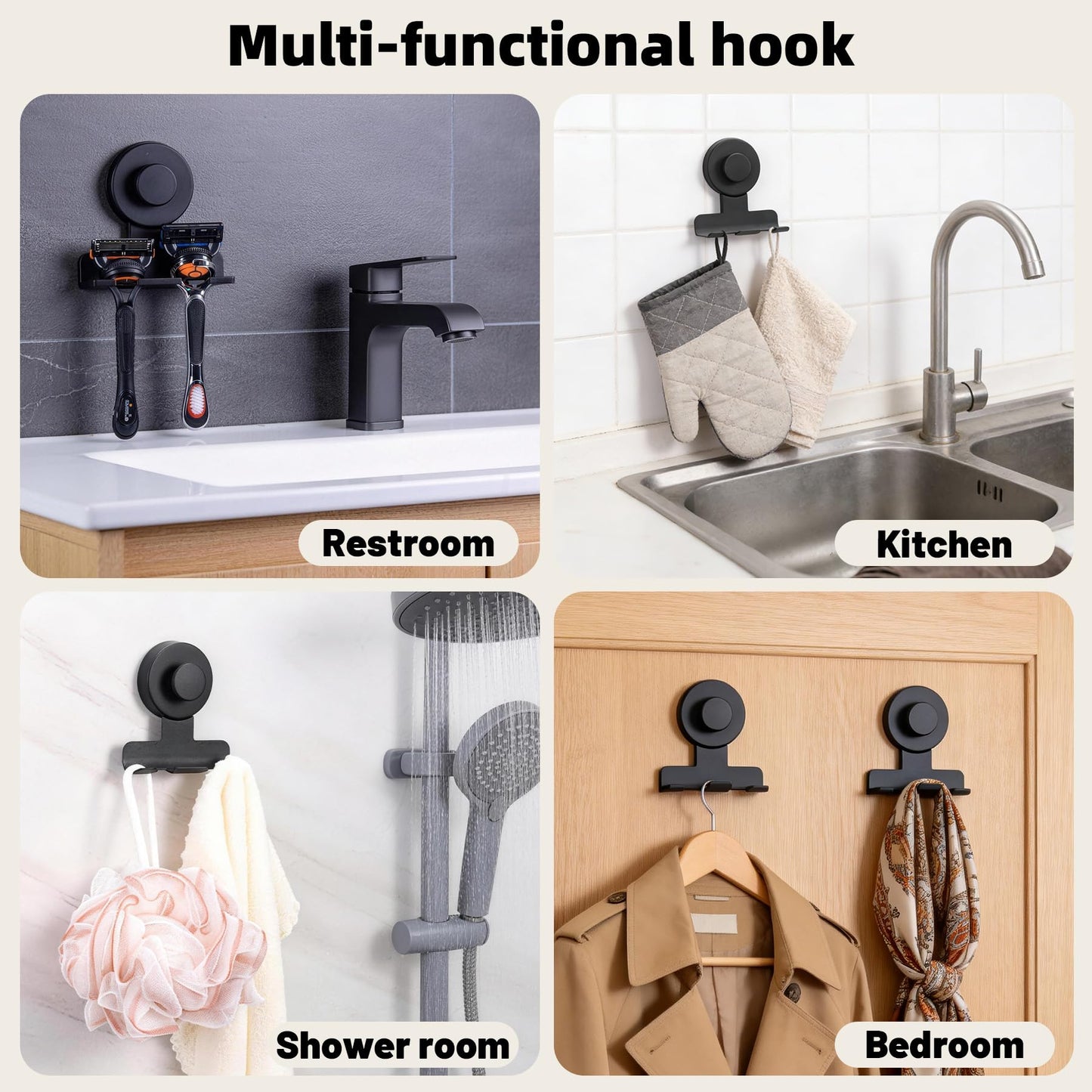 Supopular Suction Cup Razor and Shaver Holder for Shower, Heavy-Duty Stainless Steel No-Drill Bathroom Wall Hook for Towel, Loofah, Damage-Free and Reusable, Easy Install and Remove (2, Matte Black)