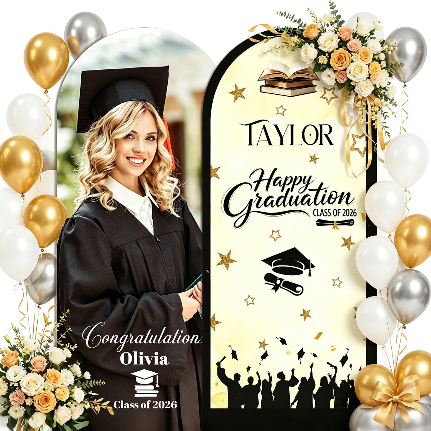 Byxhuc Graduation Personalized KT Board Party Sign, 6ft ×2.6ft, 6.6ft ×3.3ft Customized Grad Party for Ceremony Events, Custom Foam Board Backdrop for Parties Indoor Outdoor
