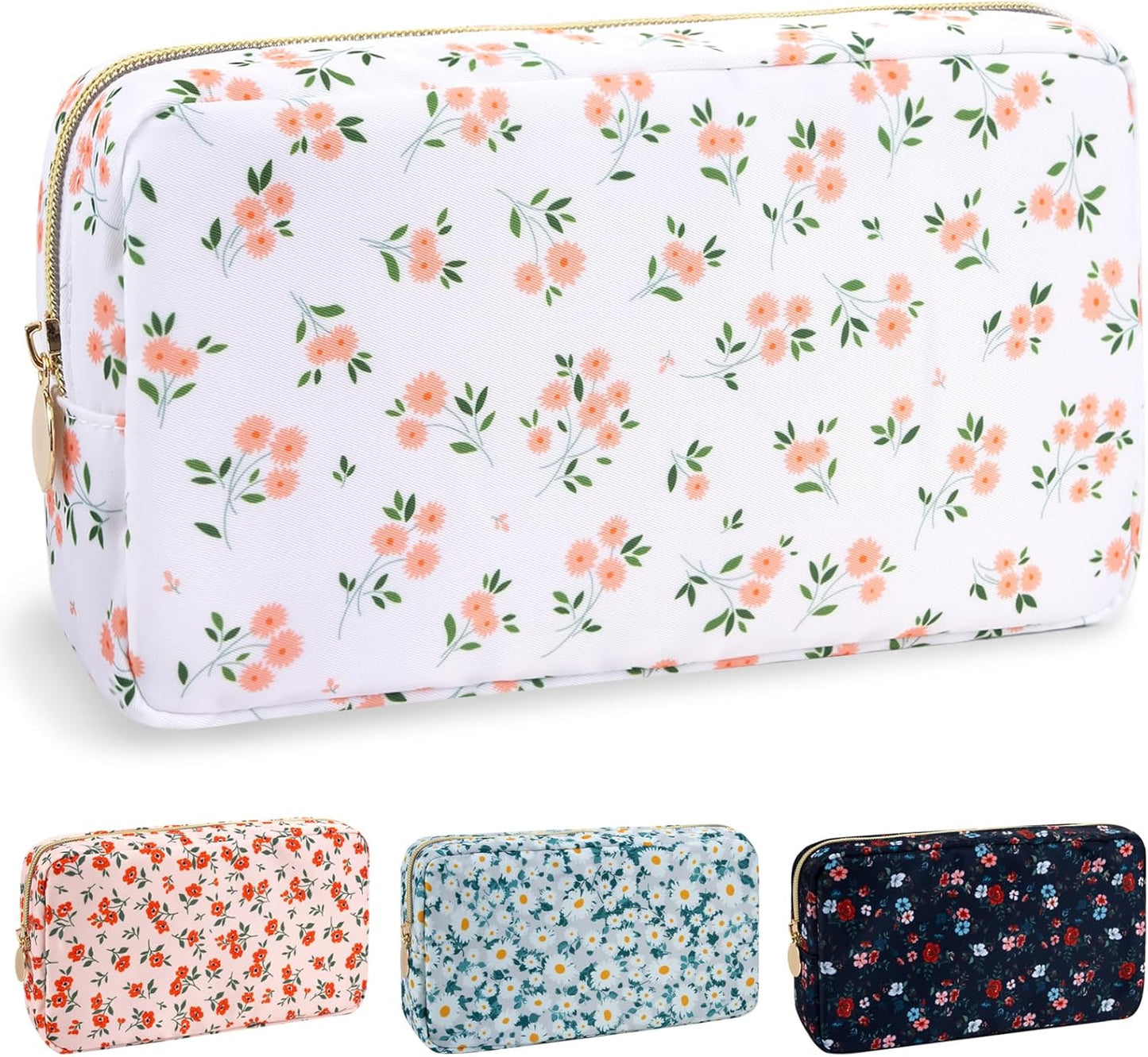 Floral Makeup Bag - Cute Pink Nylon Zipper Pouch for Travel | Waterproof Cosmetic Organizer for Women