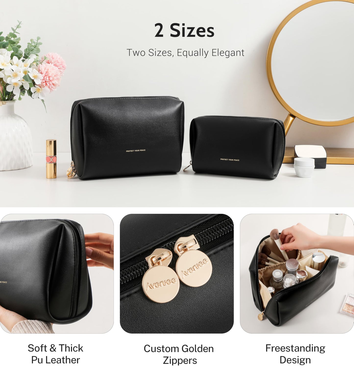 Aveniee Travel Makeup Bag, Large Toiletry Bag for Women, Vegan Leather Travel Pouches Case, Make Up Bag for Travel Essentials Brushes, Cosmetic Bag Purse Organizer with Divider and Gold Zippers-Black