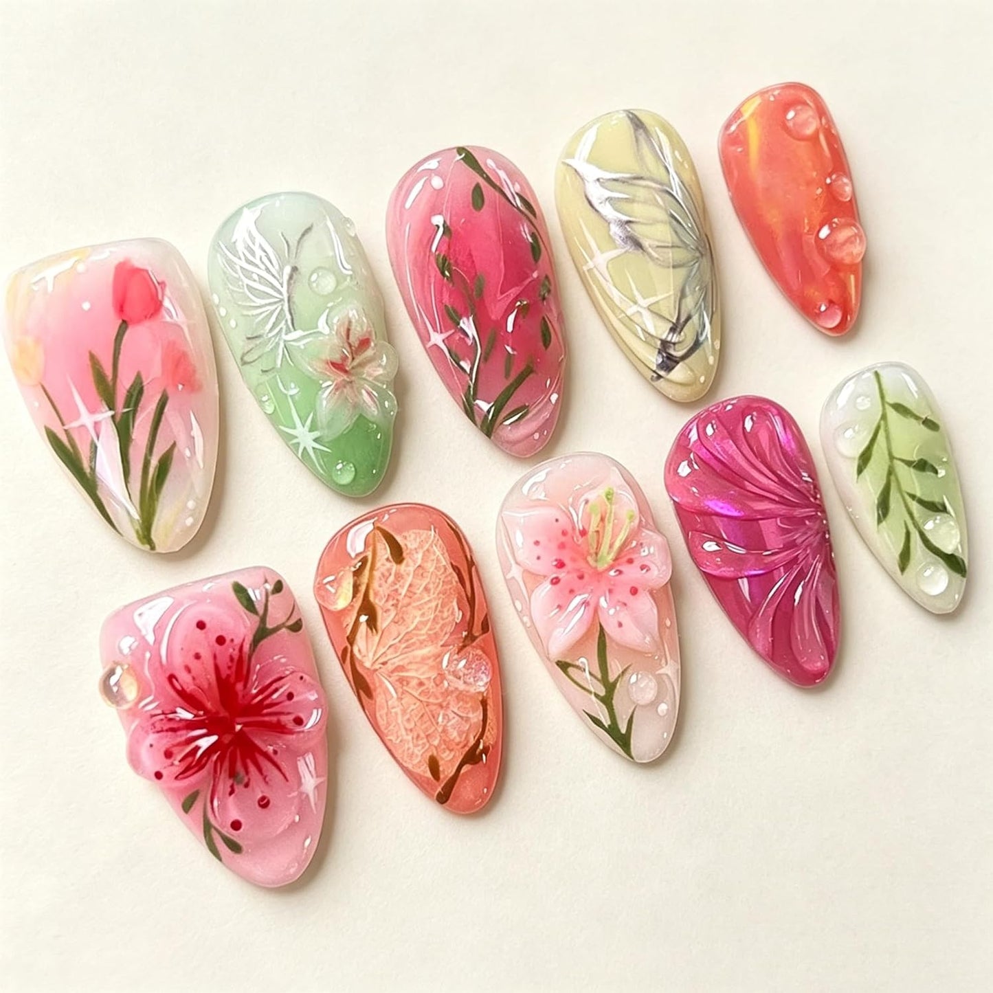 Almond Press-On Nails Set - 30Pcs 3D Pink Flower & Gold Beads | Reusable Floral Design for Beach Vacation