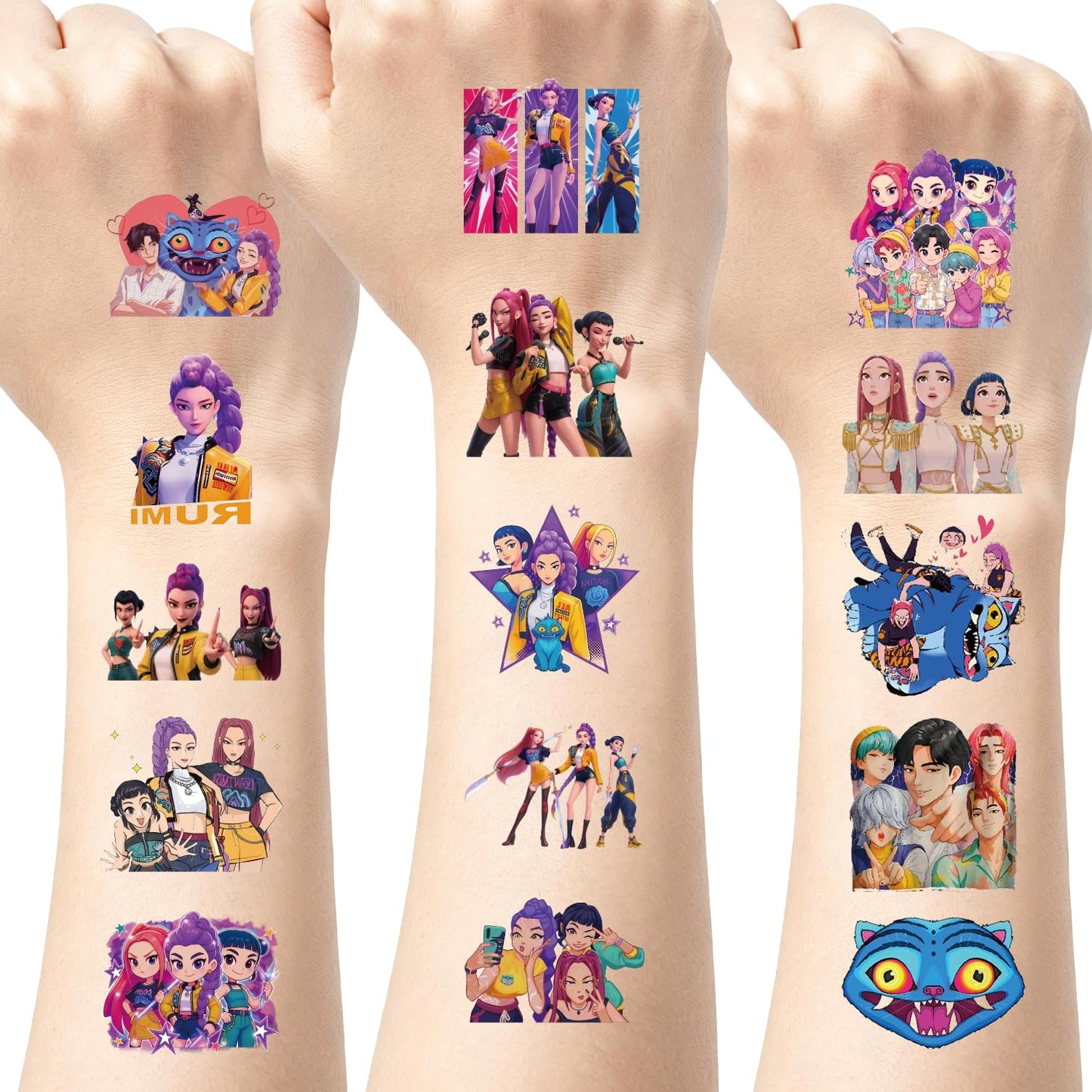 50Pcs Demon Movie Hunters Temporary Tattoos for Kids Korean Idol Huntrx,Saja Boys,Jinwoo,Rumi,Tiger Decal Temporary Tattoos Body Stickers for Birthday Party Decorations,DIY Activity Supplies