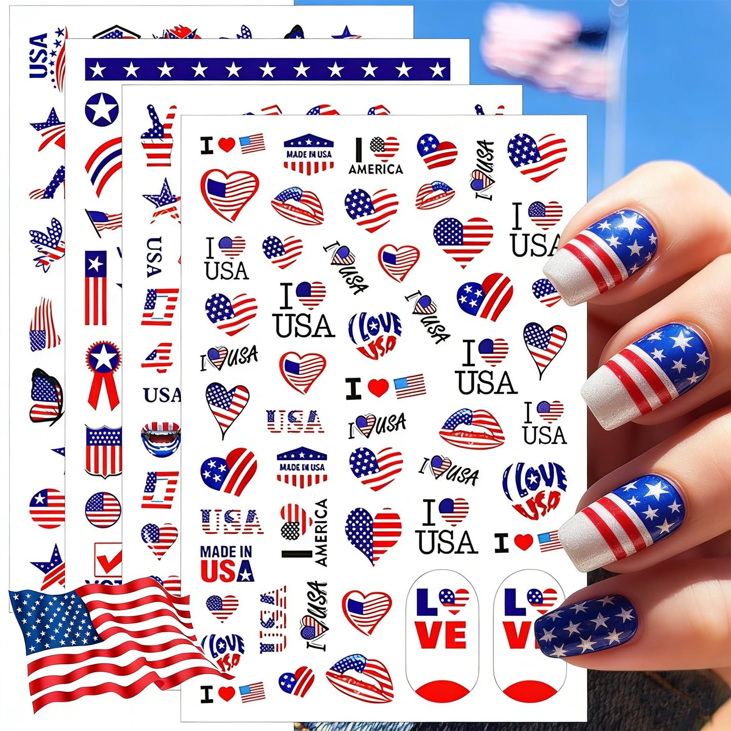 8 Sheets 4th of July Nail Stickers for Nail Art American Flag Patriotic Nail Decals Independence Day Nail Art Stickers USA Flags Butterfly Heart Star Holiday Nail Design for Women