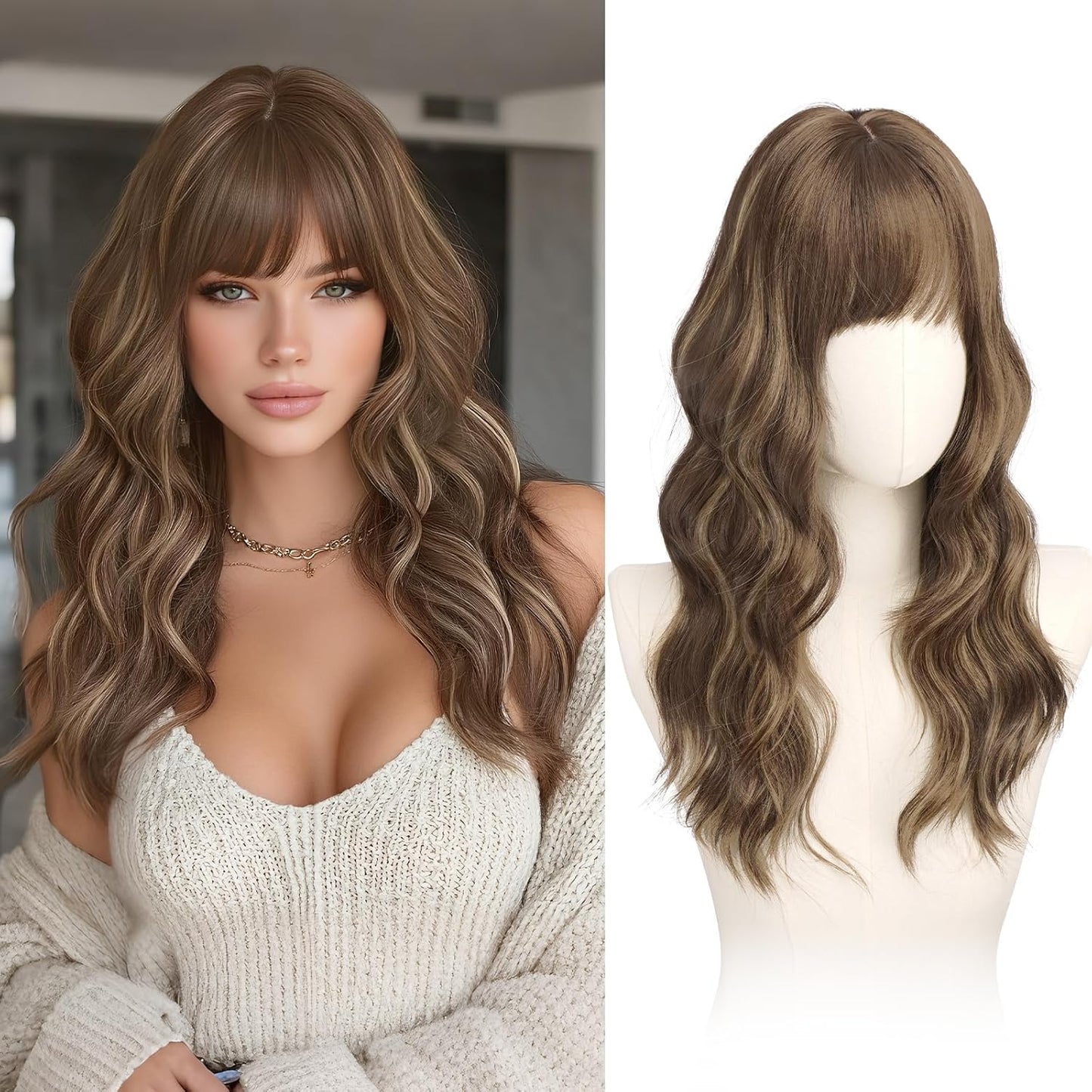 Brown Wigs with Bangs - 20 Inch Soft Wavy Synthetic Heat-Resistant Hair Wig for Women | Natural Look, Perfect for Daily Wear