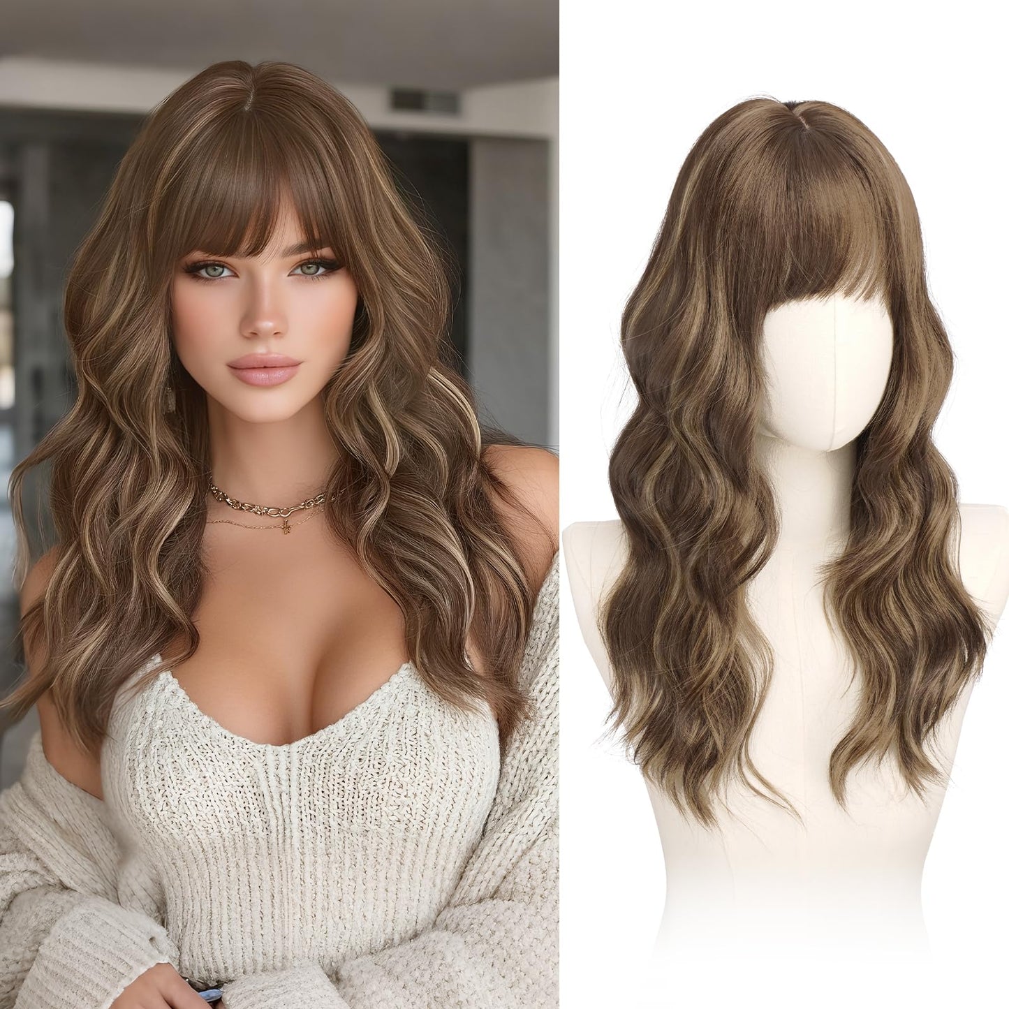 Haloo Brown Wigs with Bangs - 20 Inch Long Soft Wavy Natural Looking Synthetic Heat Resistant Hair Wig for Women Daily Party, Blonde Mixed Brown