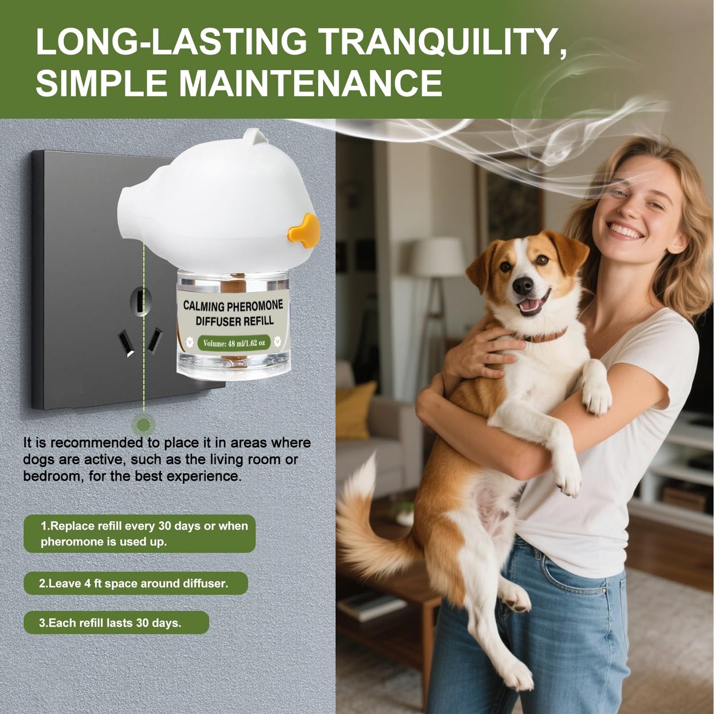 Tkacmoy Dog Calming Diffuser, 4-in-1 Pheromone Refills for Anxious Dogs, 120-Day Continuous Stress & Anxiety Relief for Barking, Chewing, Crate Training