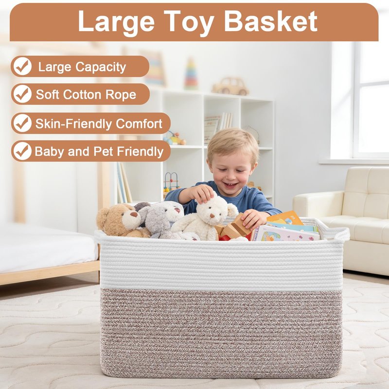 75L Extra Large Blanket Basket for Living Room - Cotton Rope Laundry Hamper Woven Baskets XXL Storage Bin with Handles for Dirty Clothes, Kids, Pets, Toys, Bedroom, 22" x 17" x 12", White & Brown