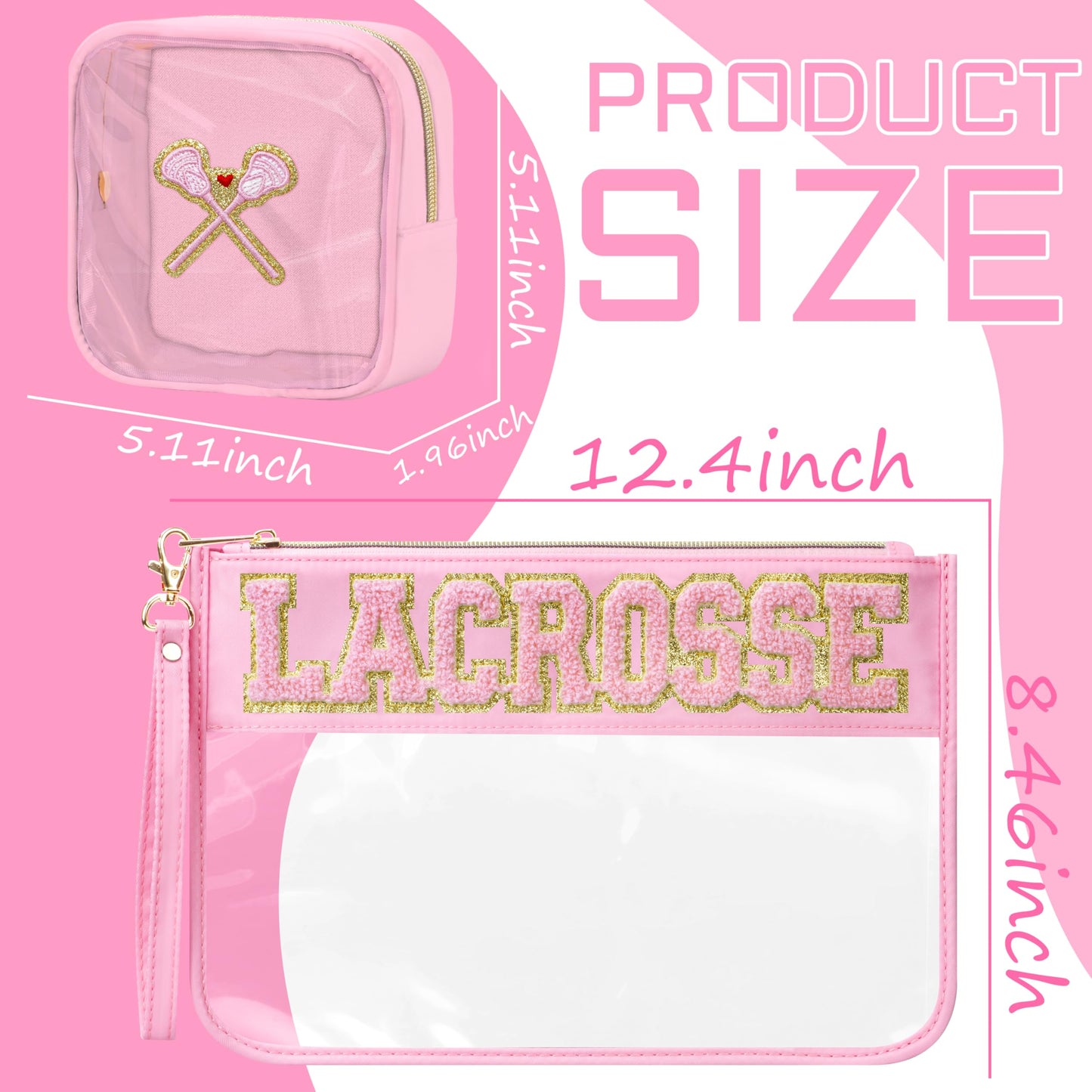 BuyCard 2 Pcs Lacrosse Gifts Makeup Bag with Chenille Letter Patch, Clear Cosmetic Pouch PVC Organizer Purse, Waterproof Travel Bag, Portable Toiletry Storage Bag for Her Girls Friends Women
