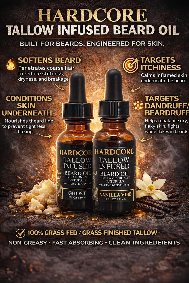 LAMONICA'S NATURALS Tallow-Infused Hardcore Beard Oil for Men – Unscented, 100% Grass-Fed finished tallow & Organic Oils – Softens, Hydrates & Conditions Beard – Grooming Oil for Men Veteran-Owned