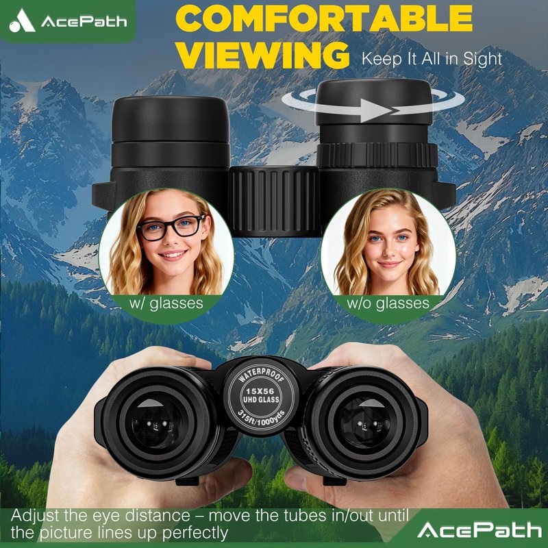 AcePath 15x56 Binoculars for Adults High Powered - Large View Binoculars with Clear Low Light Vision - Waterproof Compact Binocular for Hunting Camping Cruise Travel Bird Watching