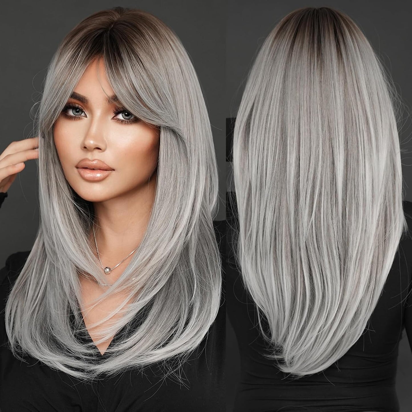 Long Natural Black Wig with Bangs - Heat Resistant Synthetic Hair for Daily Wear