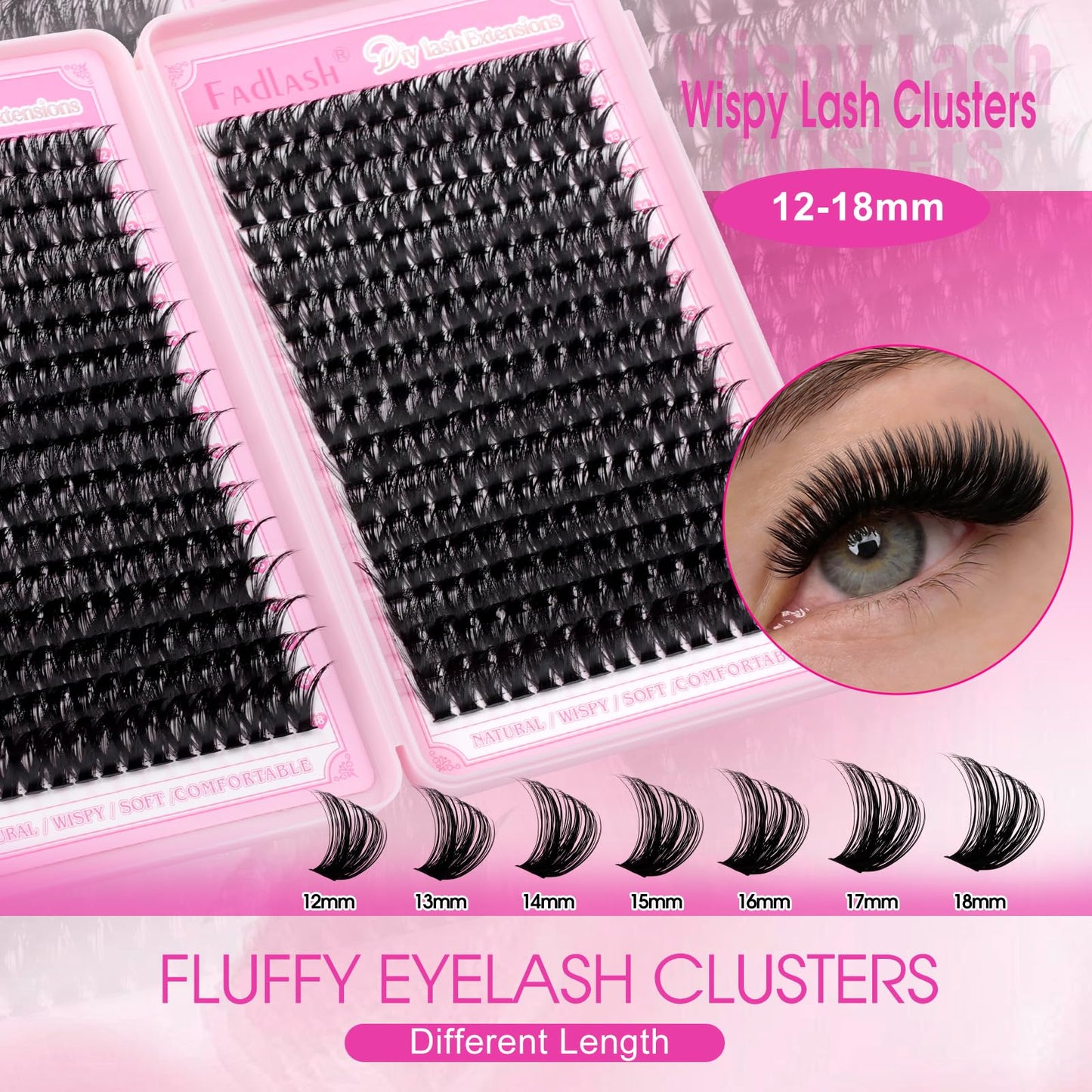 FADLASH Eyelash Clusters 80D+100D Lash Clusters D Curl 496PCS Individual Lashes DIY Lash Extensions 12-18mm Cluster Eyelash Extensions at Home