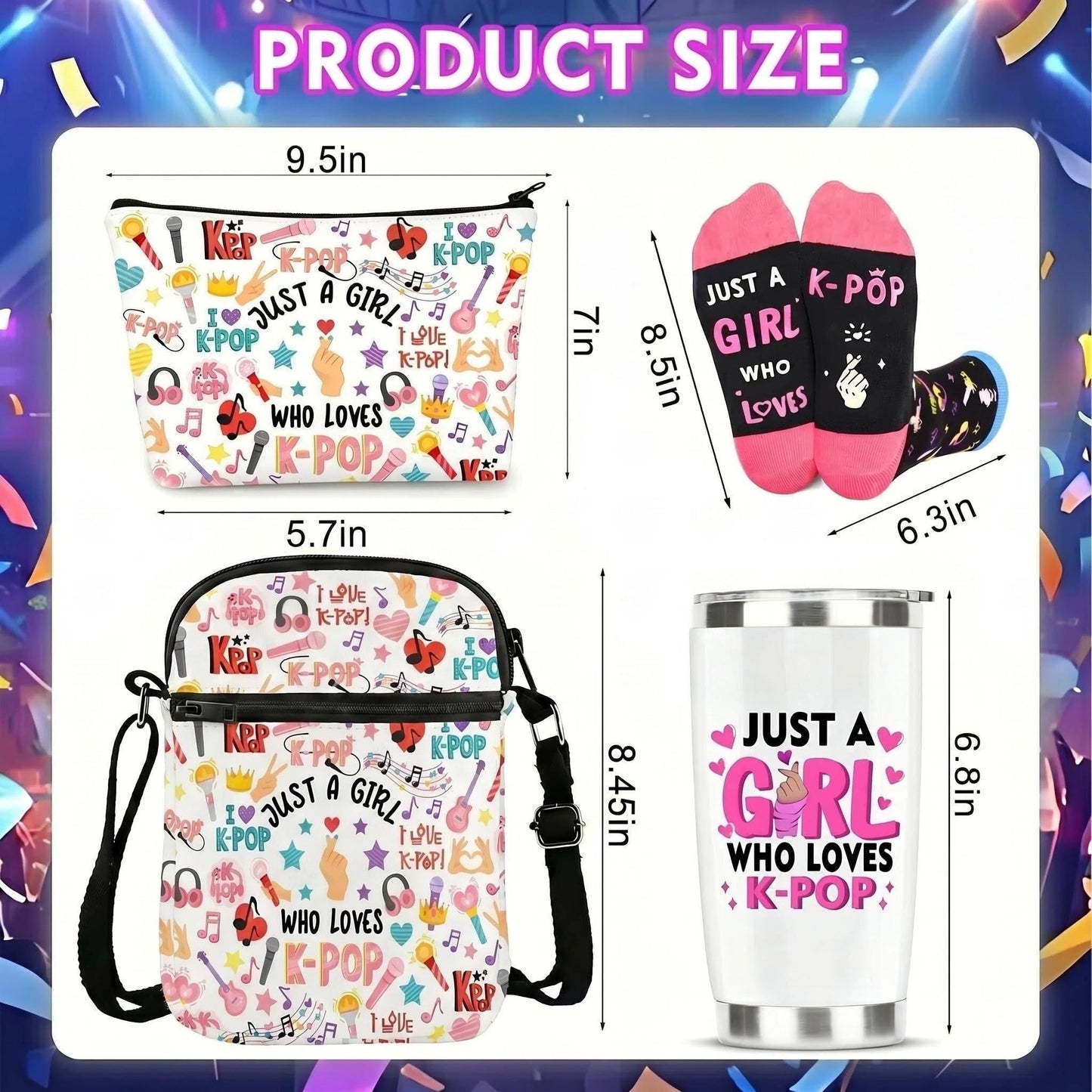 K-Pop Gift Set for Girls - 4-in-1 Bundle Includes 20oz Vacuum Insulated Tumbler, Crossbody Phone Bag, Makeup Pouch, and Aesthetic Cotton Socks - Trendy Korean Idol Style Merchandise Fans Gifts Bundle