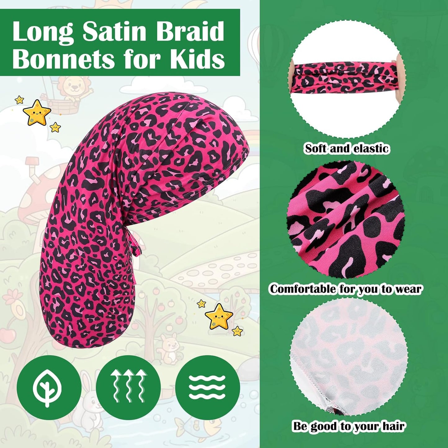Kids Long Satin Braid Bonnets - 4 Pack Adjustable Soft Caps for Girls | 20 Inch Dreadlocks & Curly Hair