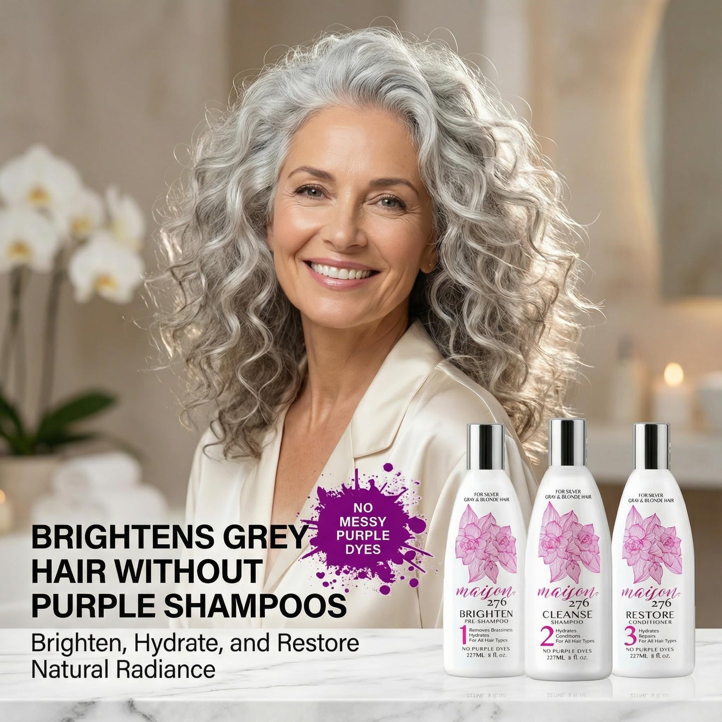 Maison 276 Pre-Shampoo, Shampoo and Conditioner for Silver, Gray & Blonde Hair, 3-Step System, Tone-Brightening & Enhancement, No Purple Dyes, Neutralizes Brassiness, Sulfate-Free, 3 x 8 oz Btls