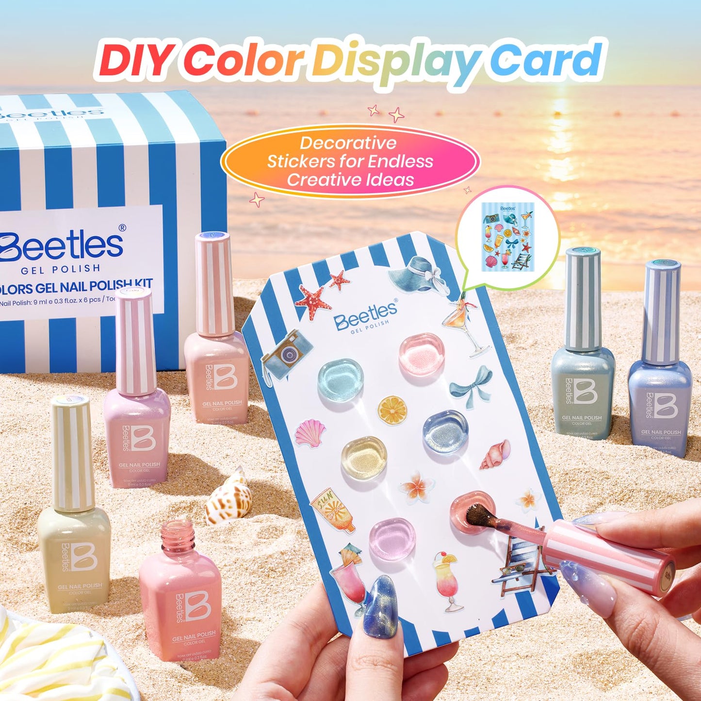 Beetles Summer Voyage Cat Eye Gel Nail Polish Set - 9ML 6 Colors Saltmist Sunset Summer Cat Eye Gel Nail Polish Kit Yellow Blue Green Pink Purple Soak Off UV Salon DIY at Home Manicure Gift for Women