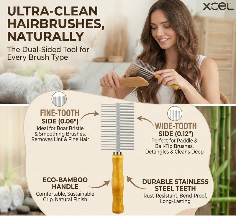 XCEL 2-in-1 Hair Brush Cleaner Tool, Dual-Sided Hairbrush Cleaning Rake & Comb for Removing Hair, Lint, Dust and Product Buildup from Paddle, Boar Bristle, Round and Detangling Brushes