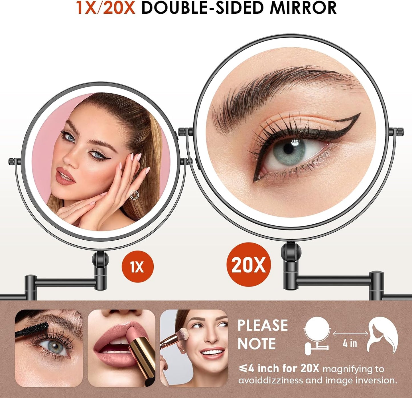 Wall Mounted Lighted Makeup Mirror - 9-Inch Rechargeable Double-Sided 1X/20X Magnification | Touch Dimmable, 360° Rotation, 3 Color Lights